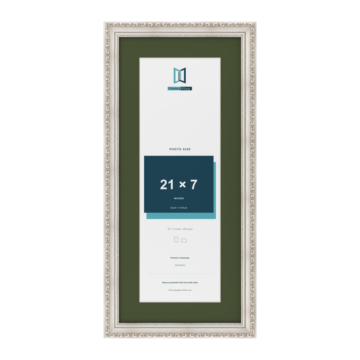 Louis Silver 25 x 11 inch picture frame with a green mount for a 21 x 7 inch photo