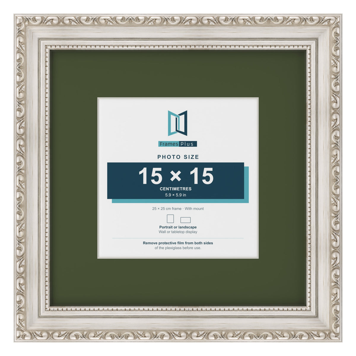 Louis Silver 25 x 25 cm picture frame with a green mount for a 15 x 15 cm photo