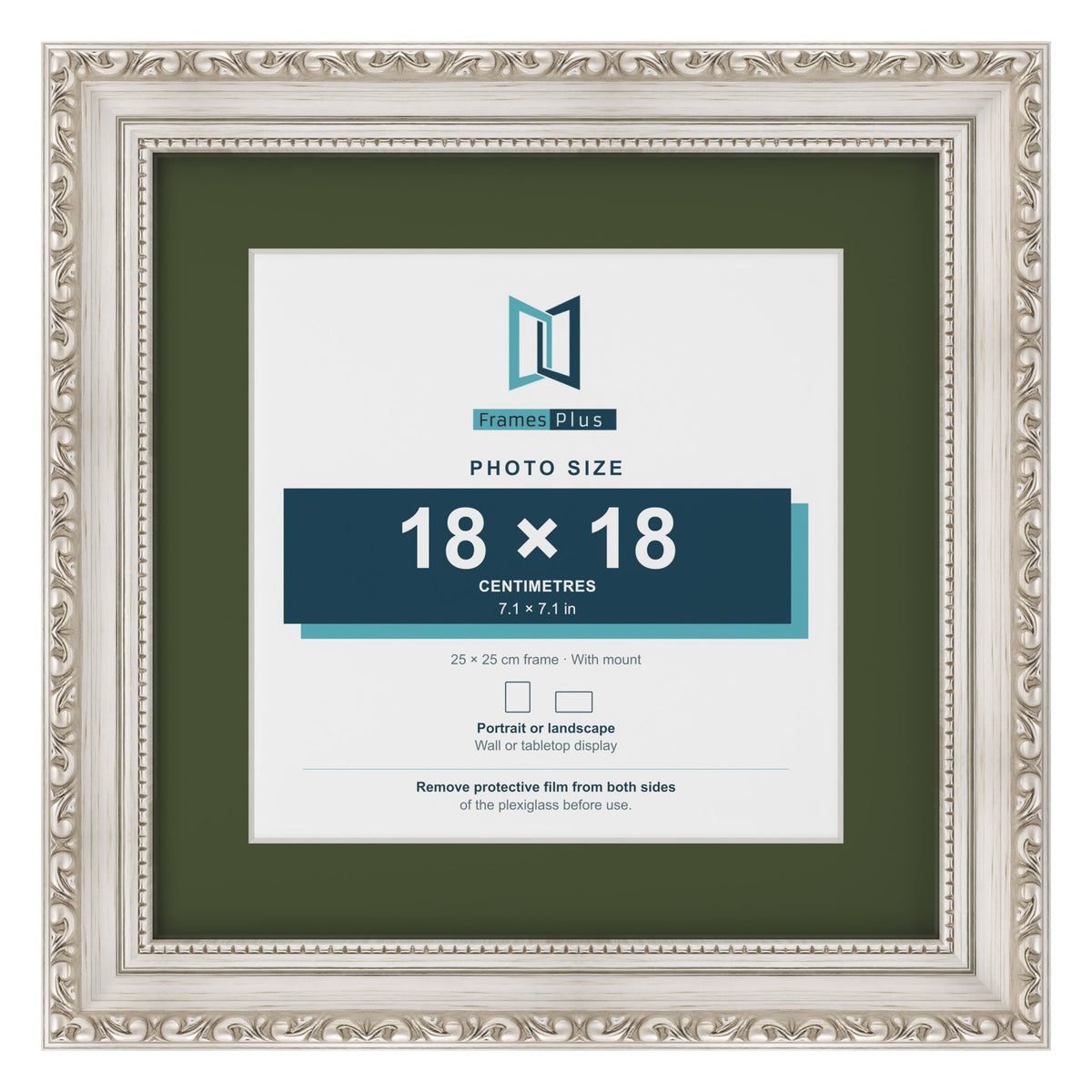 Louis Silver 25 x 25 cm picture frame with a green mount for an 18 x 18 cm photo