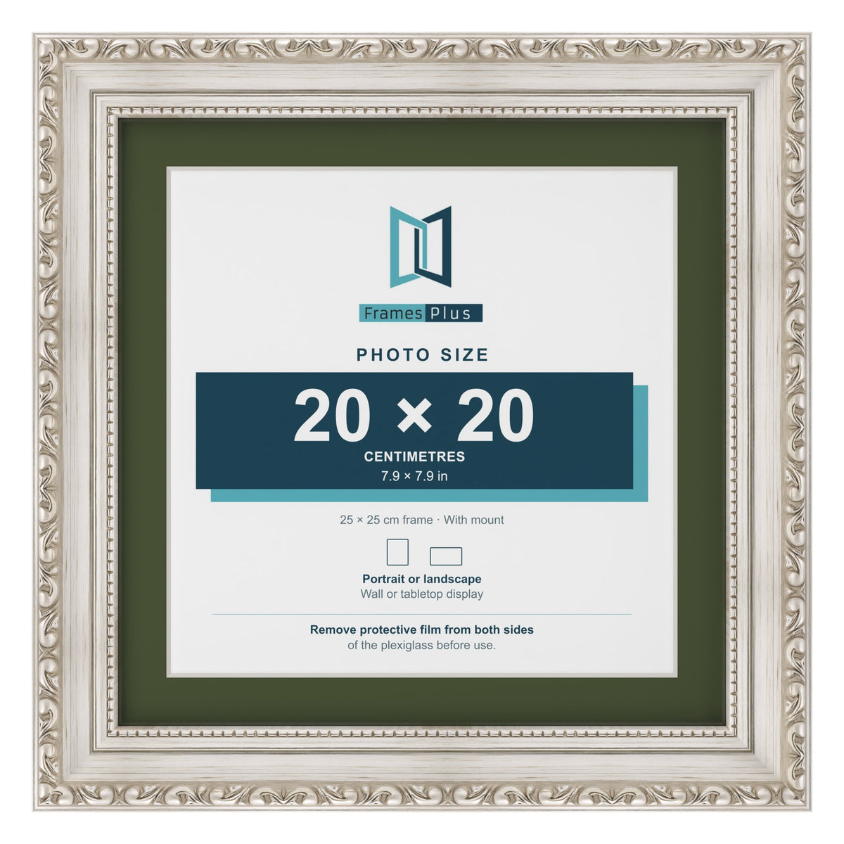 Louis Silver 25 x 25 cm picture frame with a green mount for a 20 x 20 cm photo