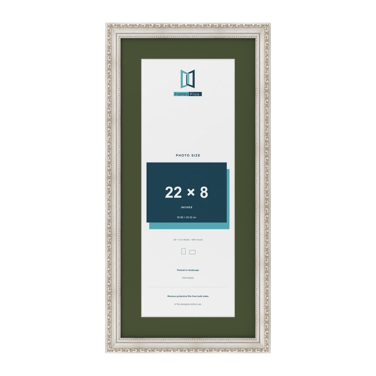 Louis Silver 26 x 12 inch picture frame with a green mount for a 22 x 8 inch photo