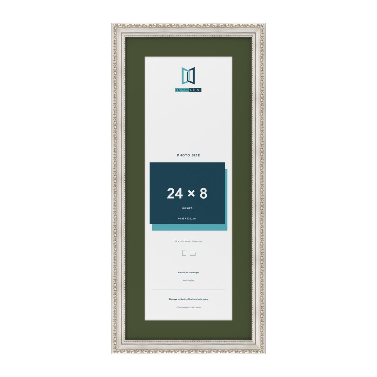 Louis Silver 28 x 12 inch picture frame with a green mount for a 24 x 8 inch photo