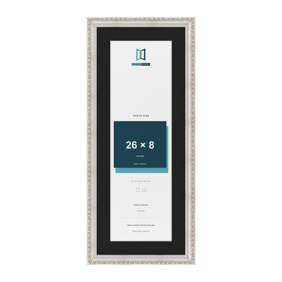 Louis Silver 30 x 12 inch picture frame with a black mount for a 26 x 8 inch photo