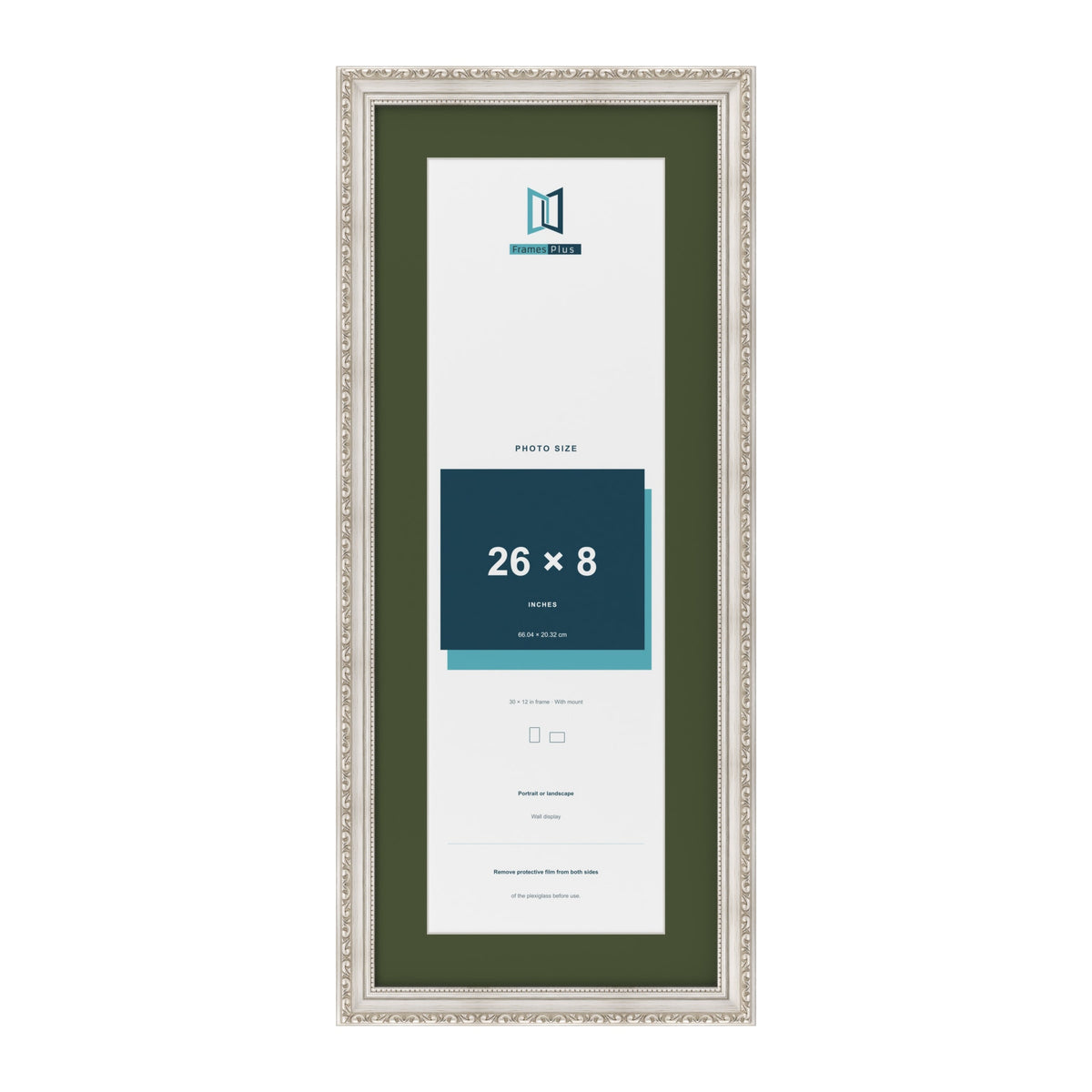 Louis Silver 30 x 12 inch picture frame with a green mount for a 26 x 8 inch photo