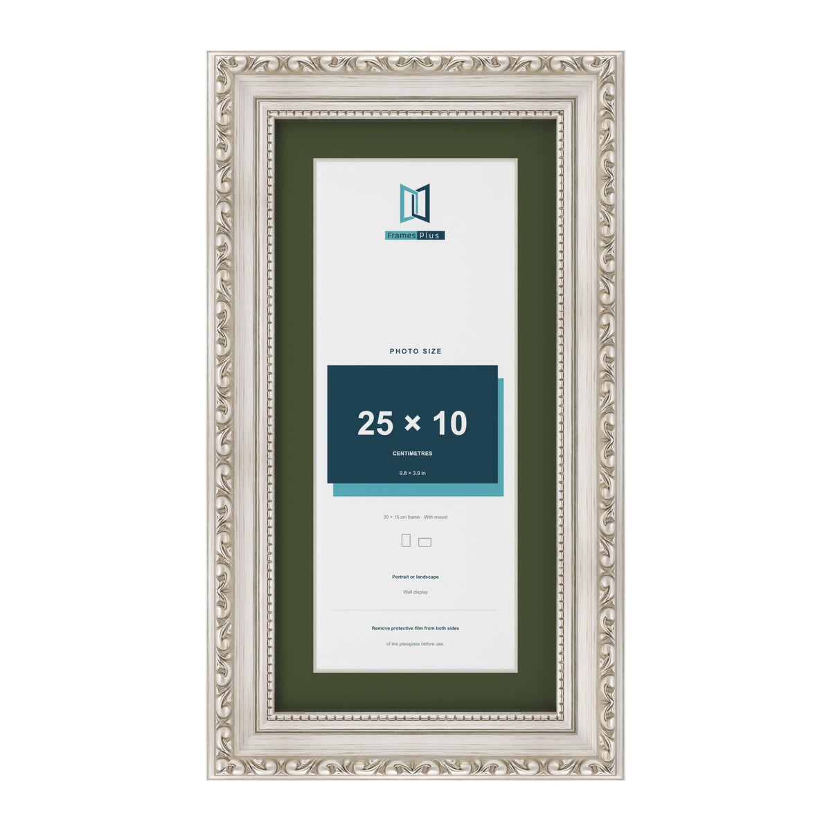 Louis Silver 30 x 15 cm picture frame with a green mount for a 25 x 10 cm photo