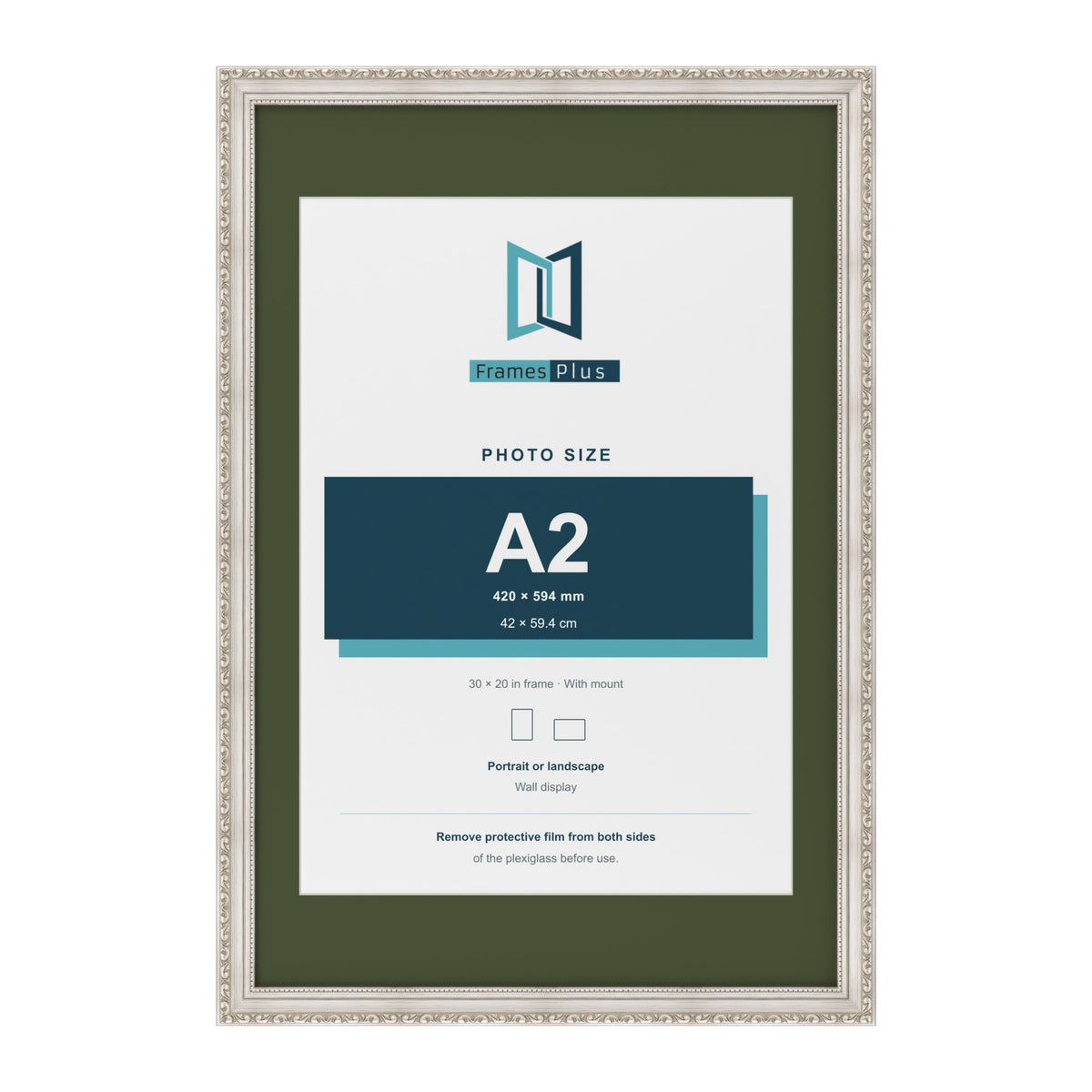 Louis Silver 30 x 20 inch picture frame with a green mount for an A2 photo