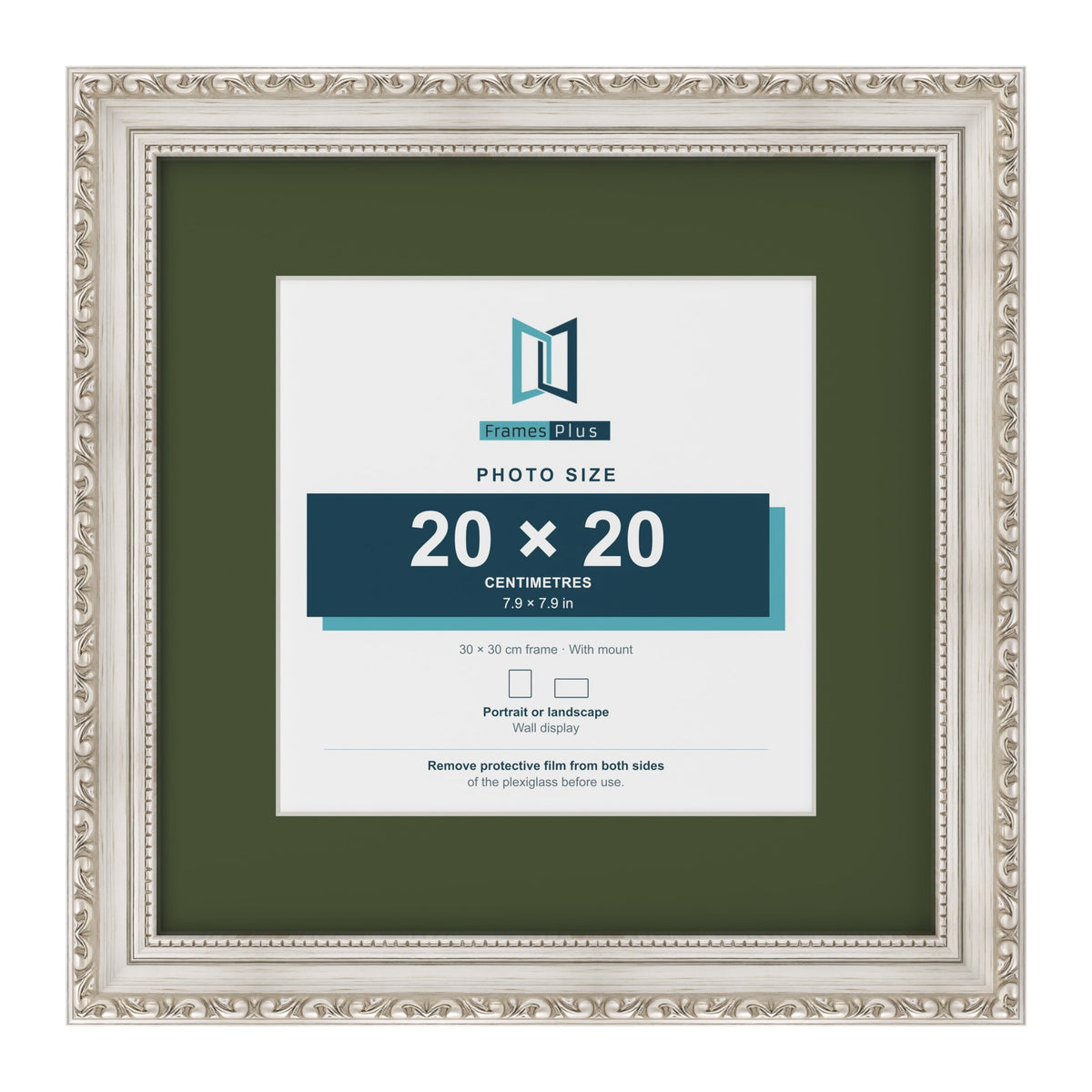 Louis Silver 30 x 30 cm picture frame with a green mount for a 20 x 20 cm photo