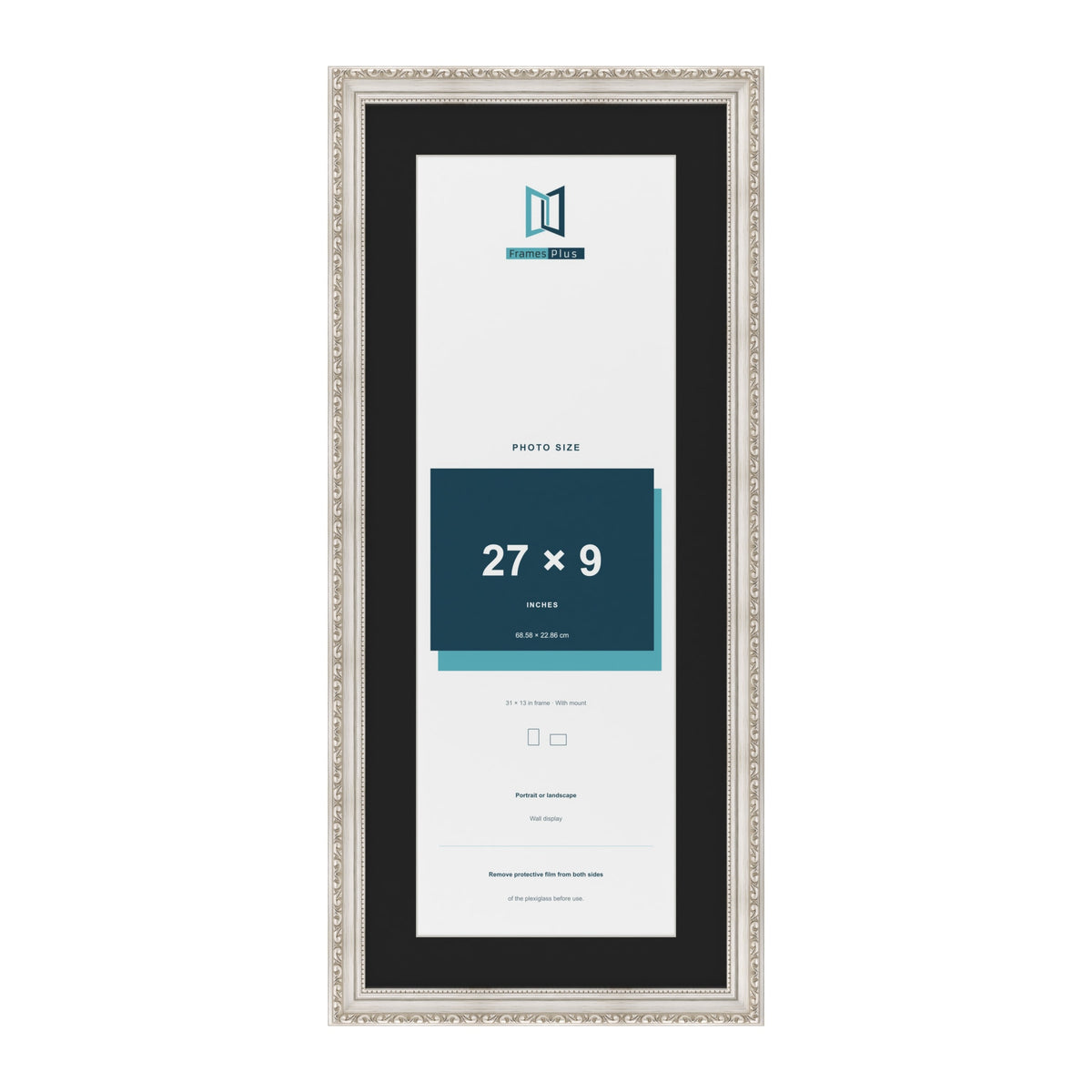 Louis Silver 31 x 13 inch picture frame with a black mount for a 27 x 9 inch photo