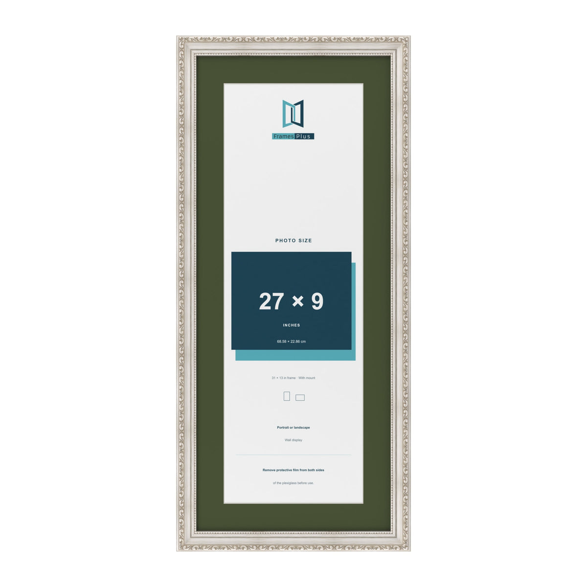 Louis Silver 31 x 13 inch picture frame with a green mount for a 27 x 9 inch photo