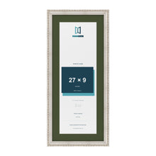 Louis Silver 31 x 13 inch picture frame with a green mount for a 27 x 9 inch photo
