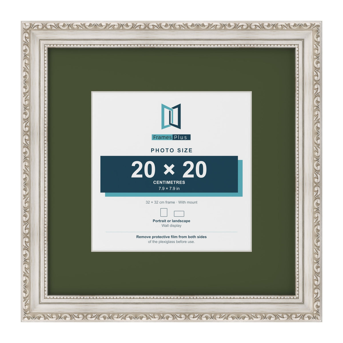 Louis Silver 32 x 32 cm picture frame with a green mount for a 20 x 20 cm photo