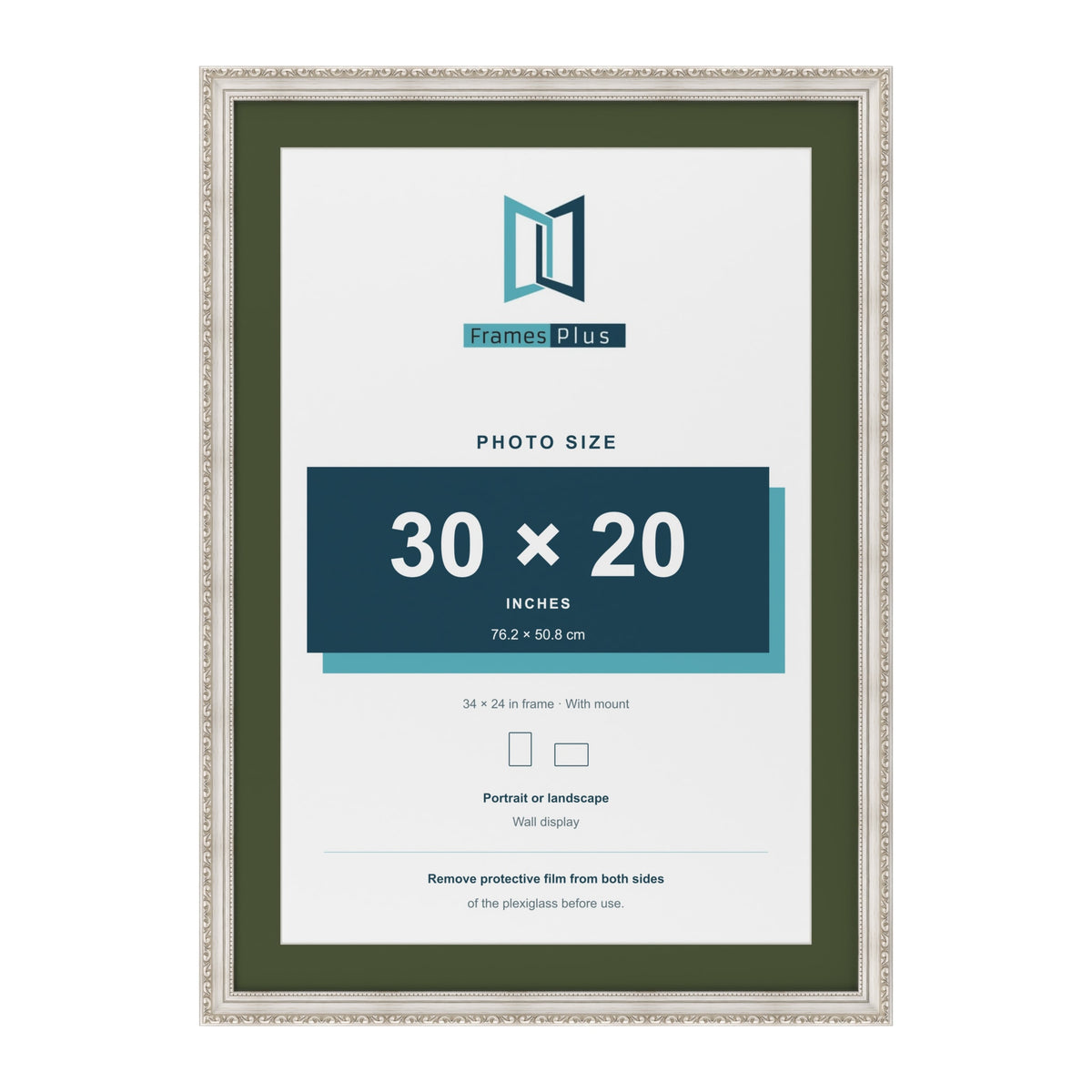 Louis Silver 34 x 24 inch picture frame with a green mount for a 30 x 20 inch photo