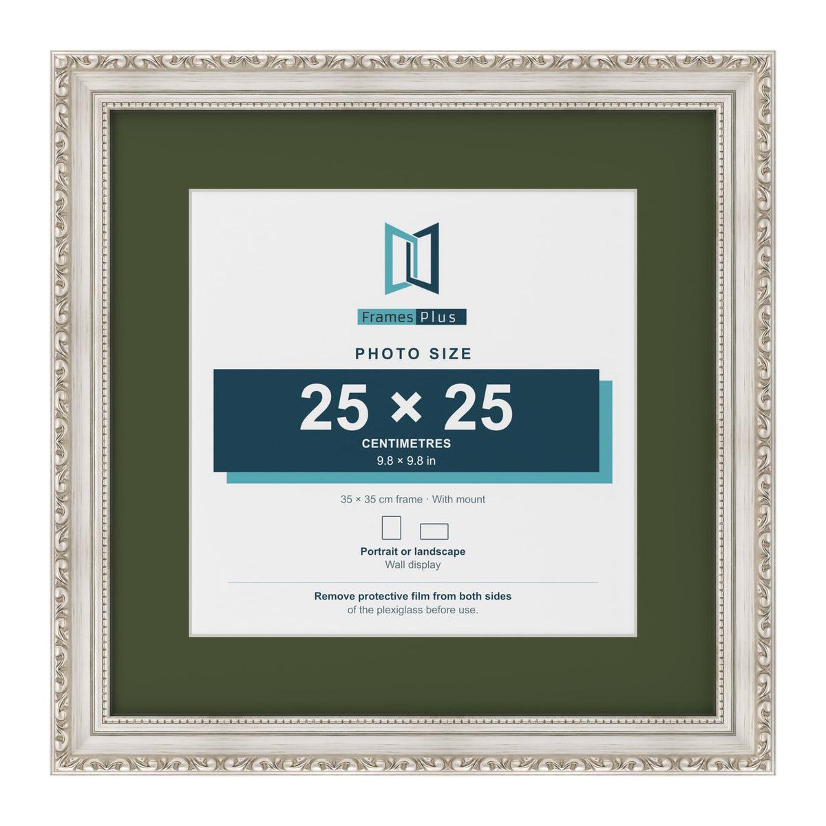 Louis Silver 35 x 35 cm picture frame with a green mount for a 25 x 25 cm photo