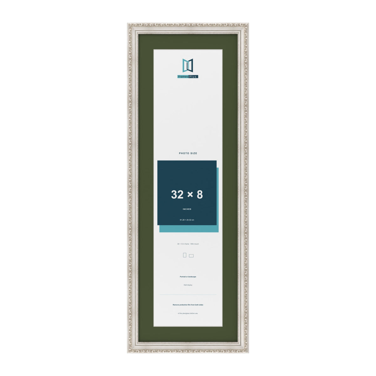 Louis Silver 36 x 12 inch picture frame with a green mount for a 32 x 8 inch photo