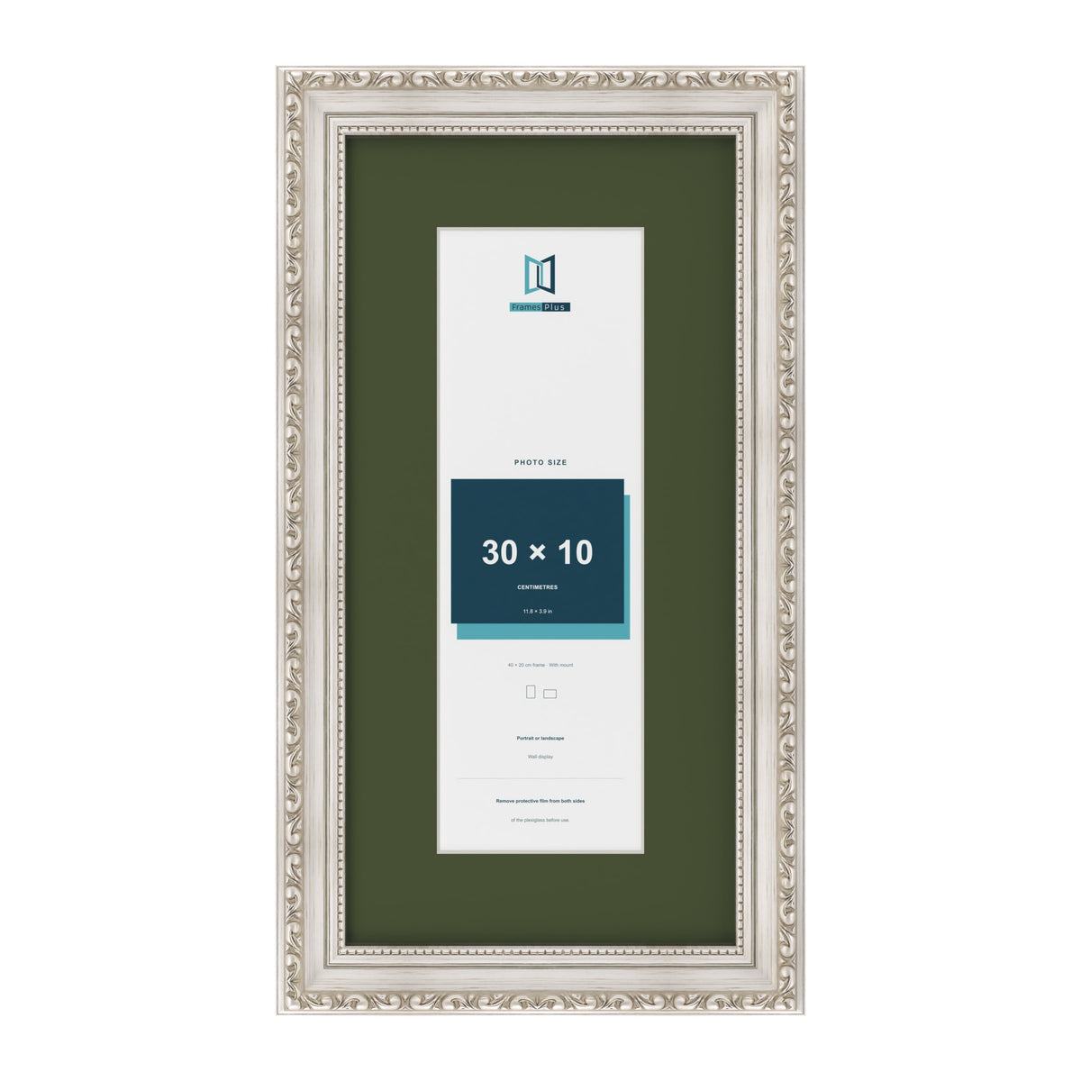 Louis Silver 40 x 20 cm picture frame with a green mount for a 30 x 10 cm photo