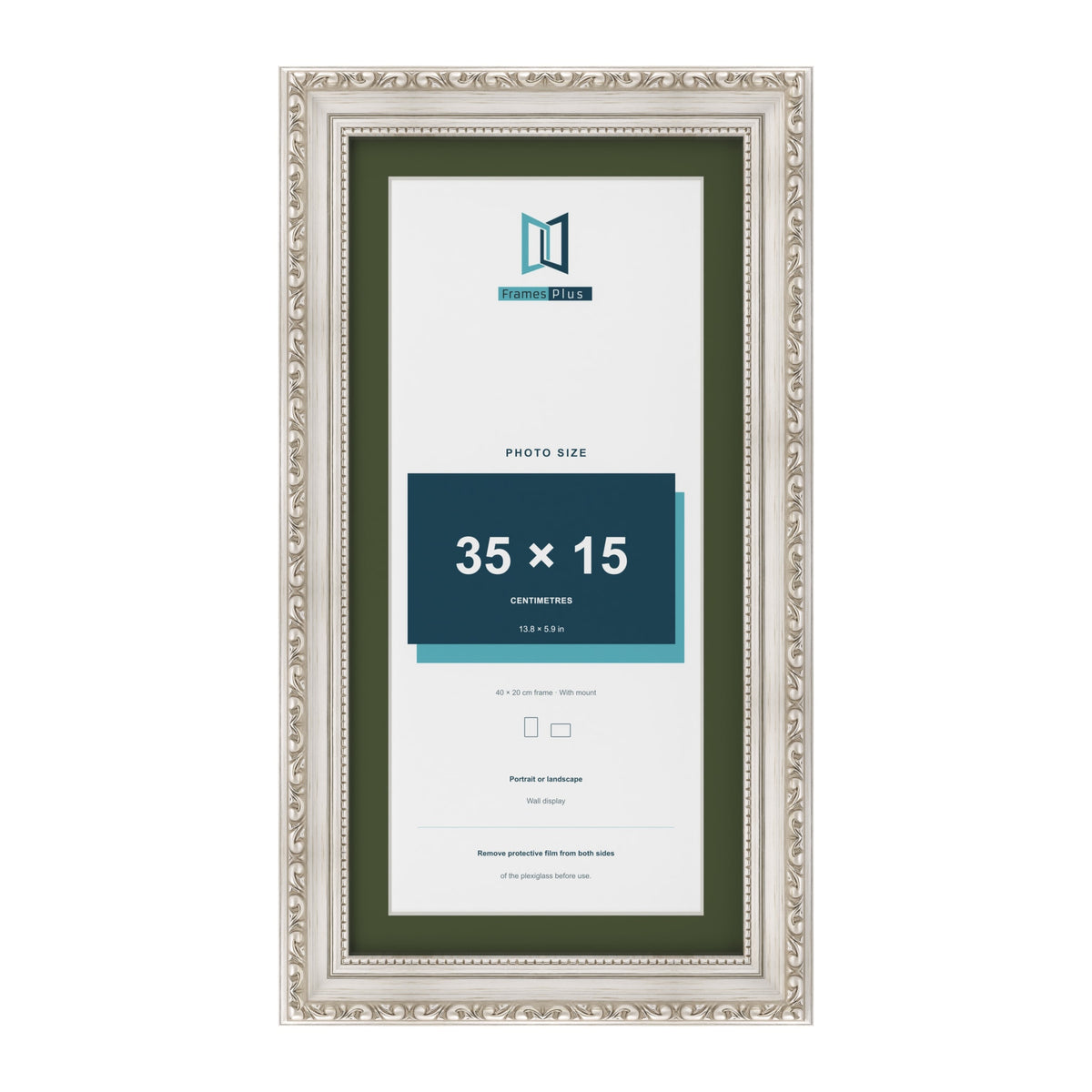Louis Silver 40 x 20 cm picture frame with a green mount for a 35 x 15 cm photo