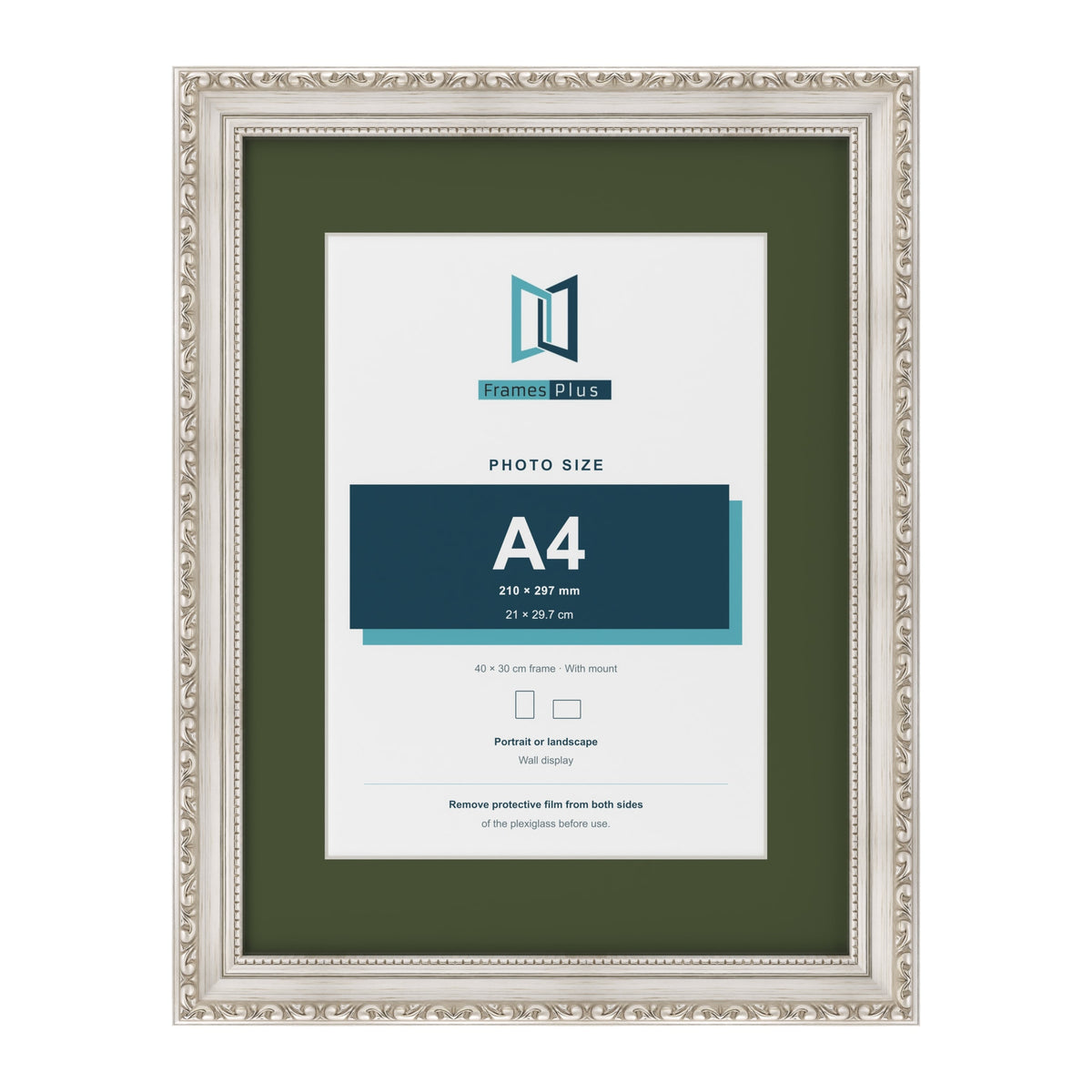 Louis Silver 40 x 30 cm picture frame with a green mount for an A4 photo