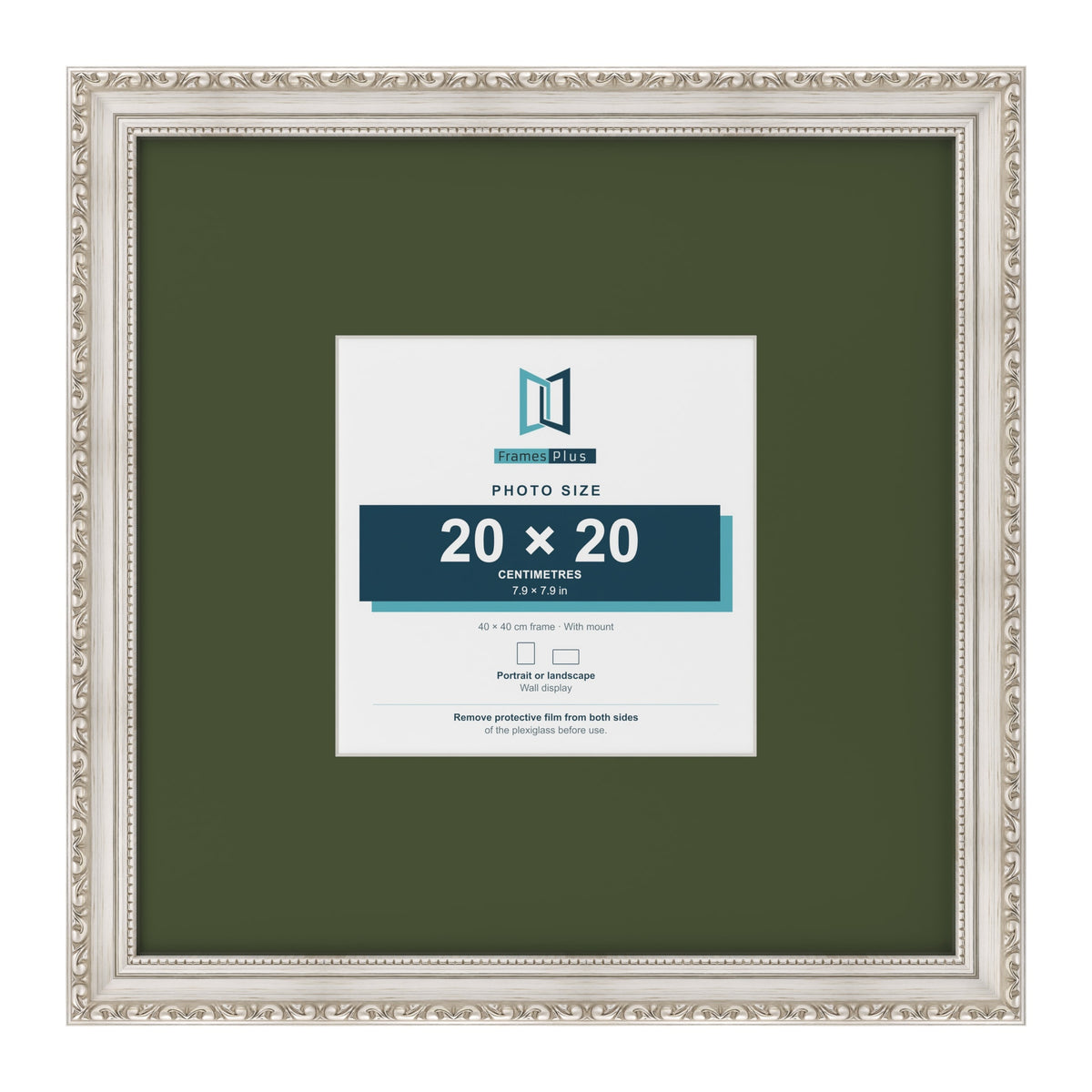 Louis Silver 40 x 40 cm picture frame with a green mount for a 20 x 20 cm photo