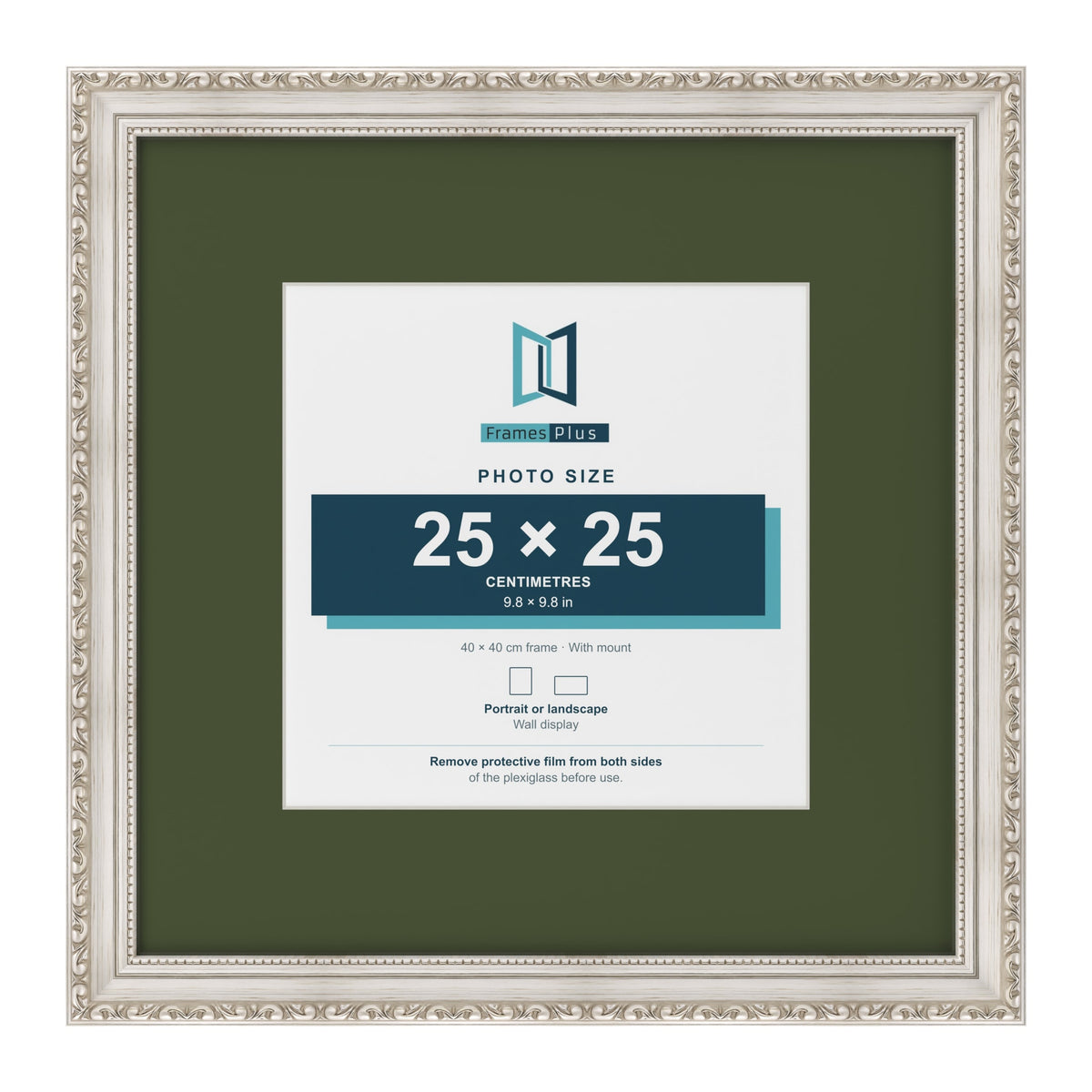Louis Silver 40 x 40 cm picture frame with a green mount for a 25 x 25 cm photo