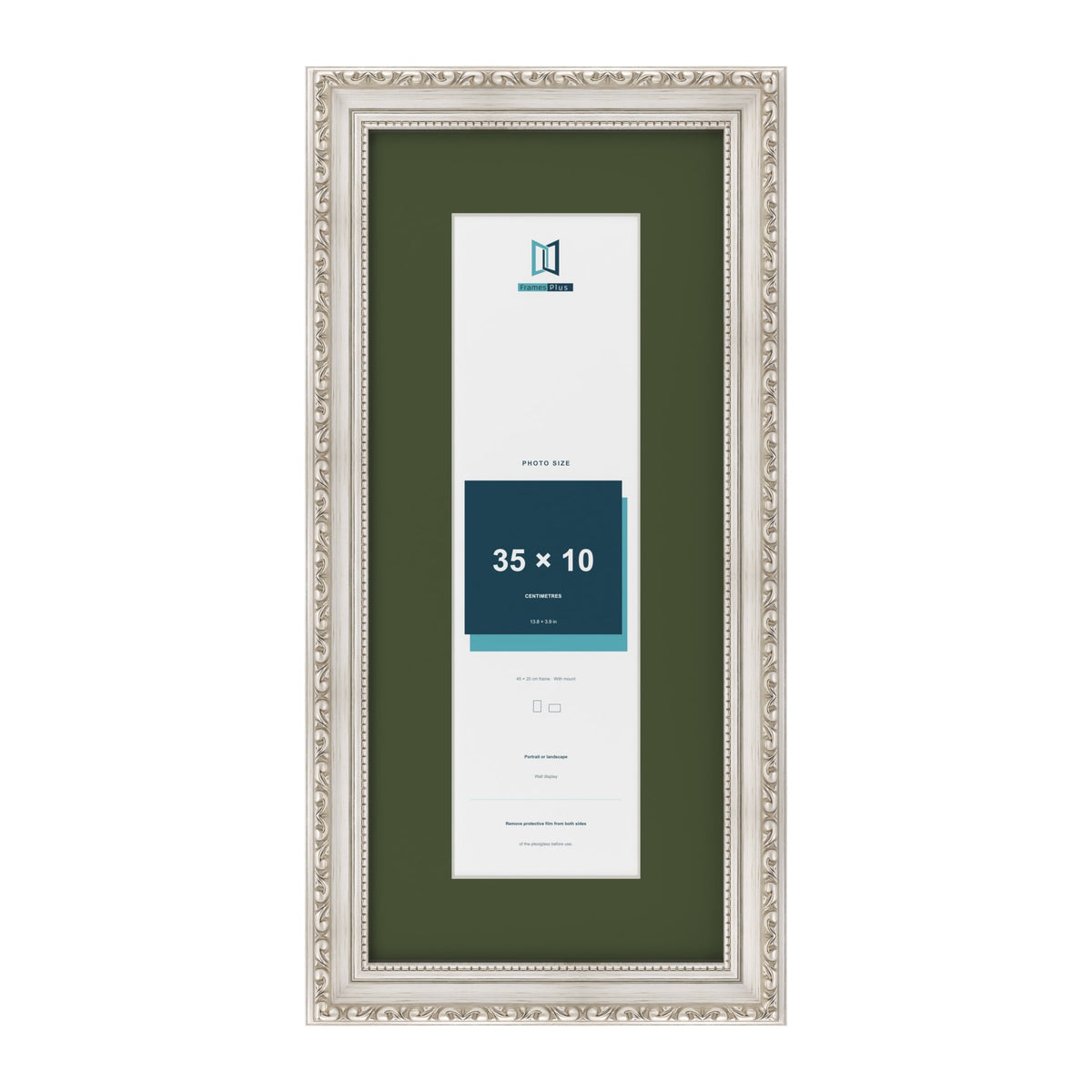 Louis Silver 45 x 20 cm picture frame with a green mount for a 35 x 10 cm photo