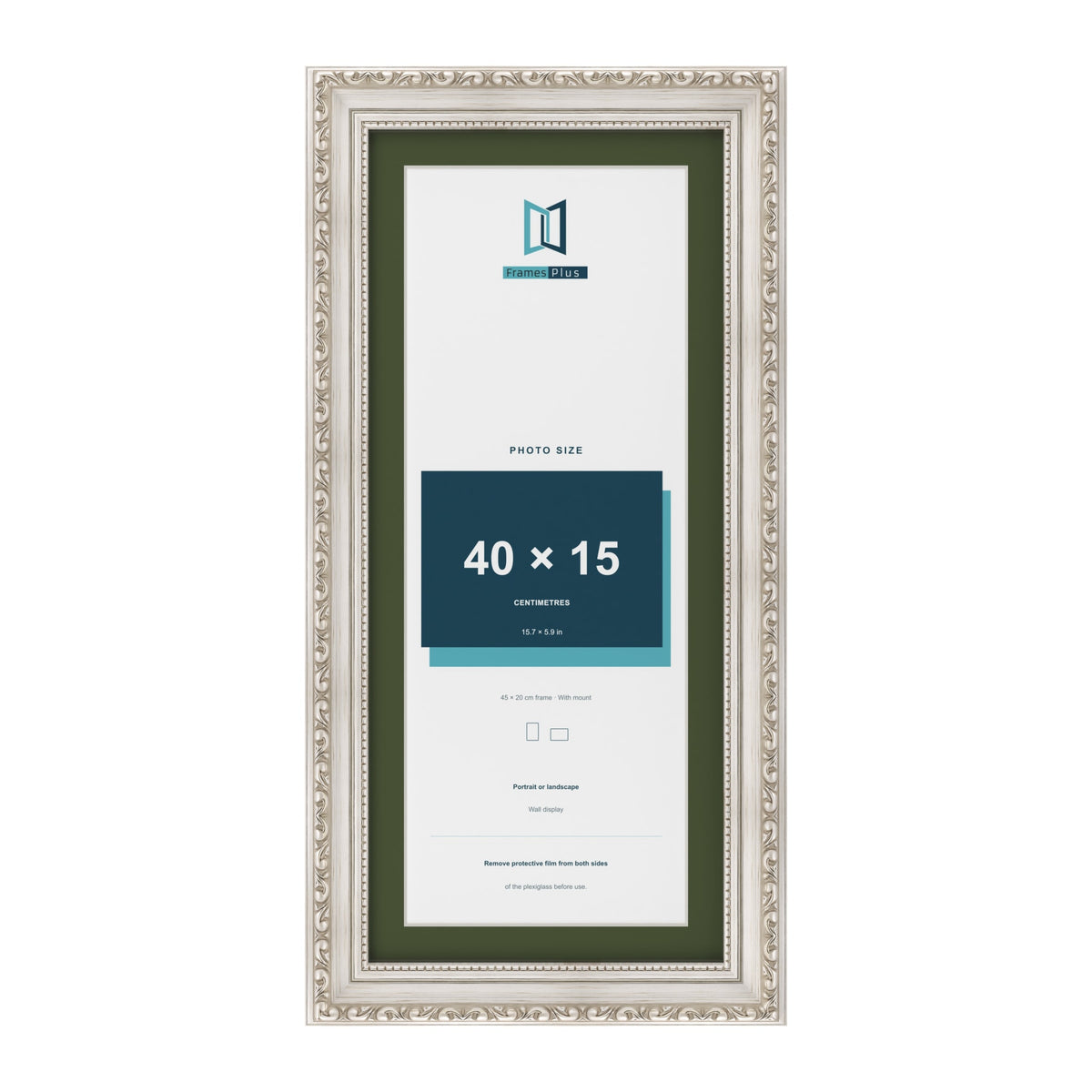 Louis Silver 45 x 20 cm picture frame with a green mount for a 40 x 15 cm photo