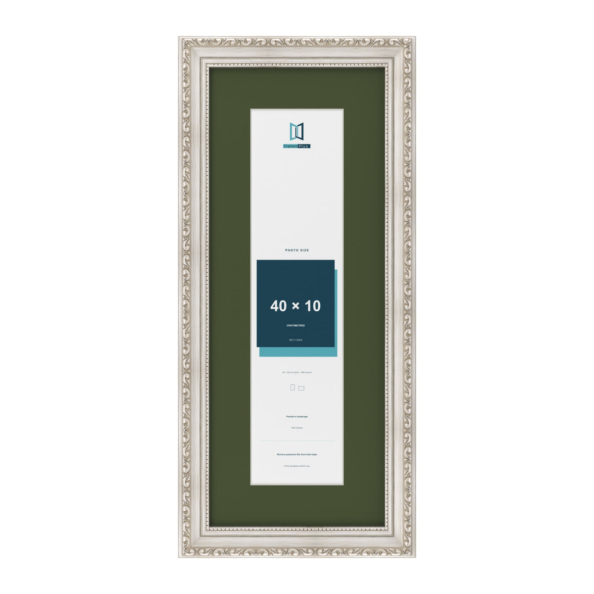 Louis Silver 50 x 20 cm picture frame with a green mount for a 40 x 10 cm photo
