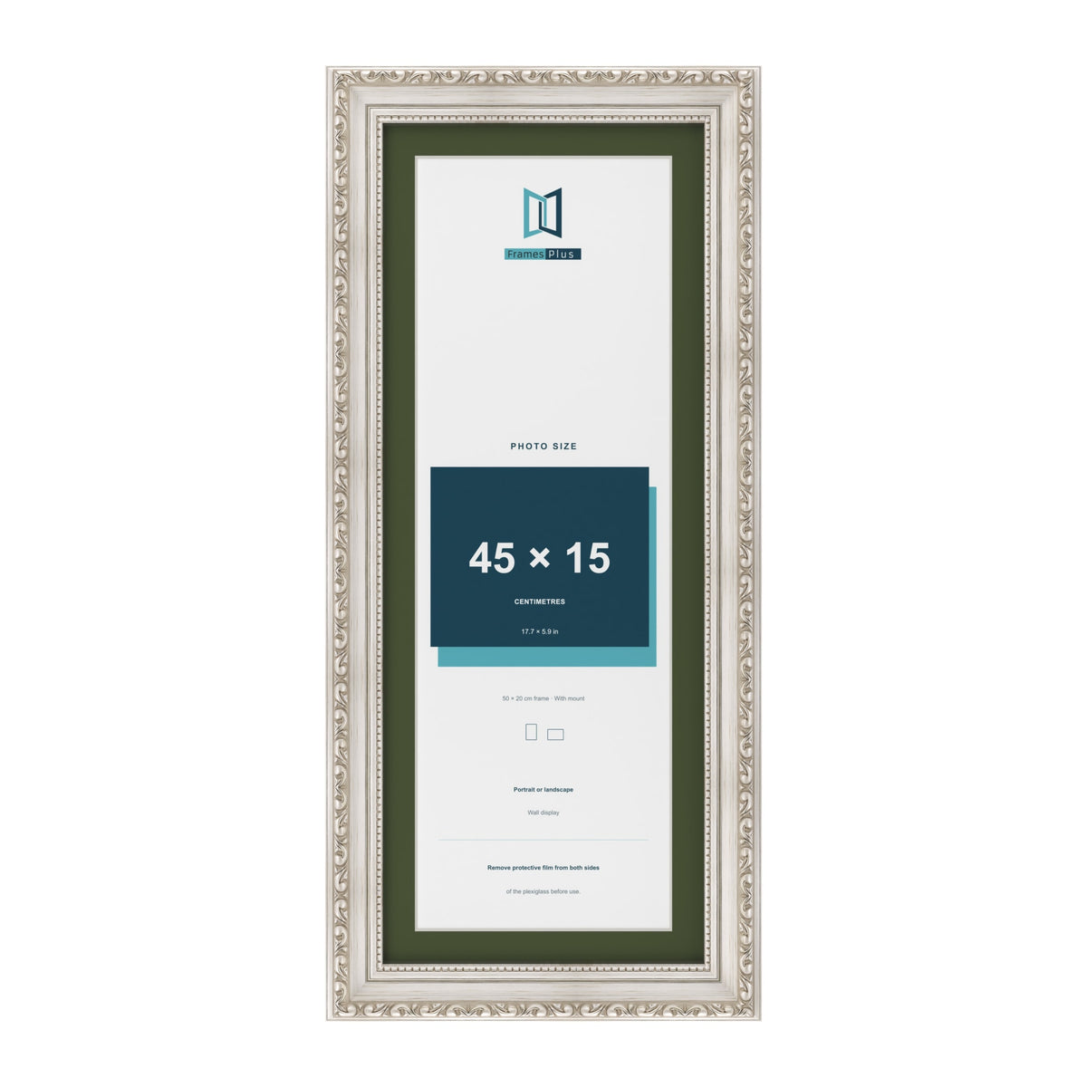 Louis Silver 50 x 20 cm picture frame with a green mount for a 45 x 15 cm photo