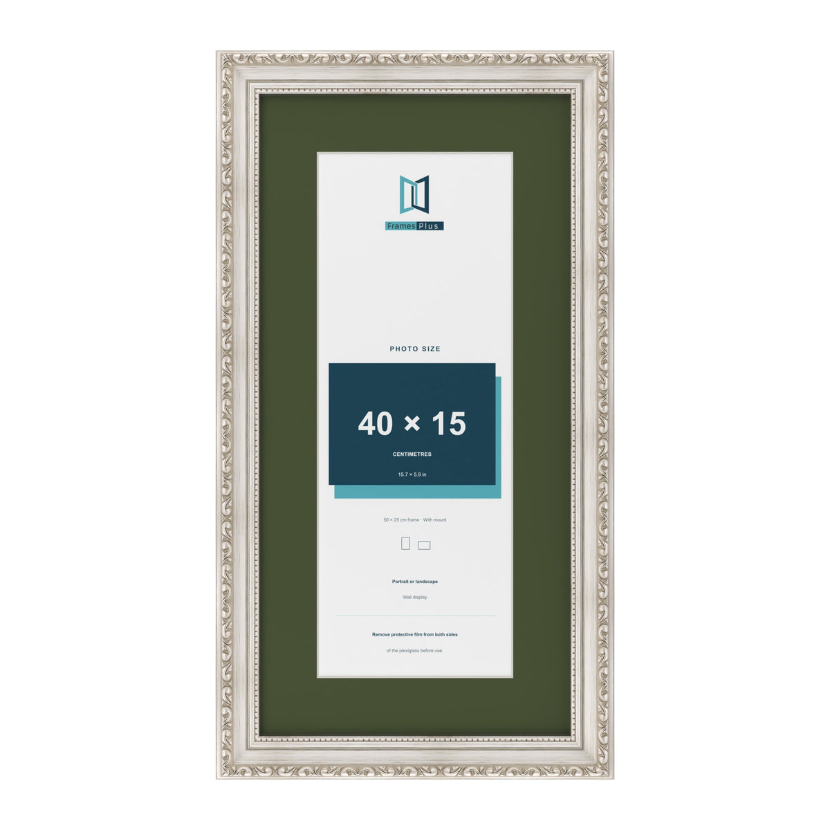 Louis Silver 50 x 25 cm picture frame with a green mount for a 40 x 15 cm photo