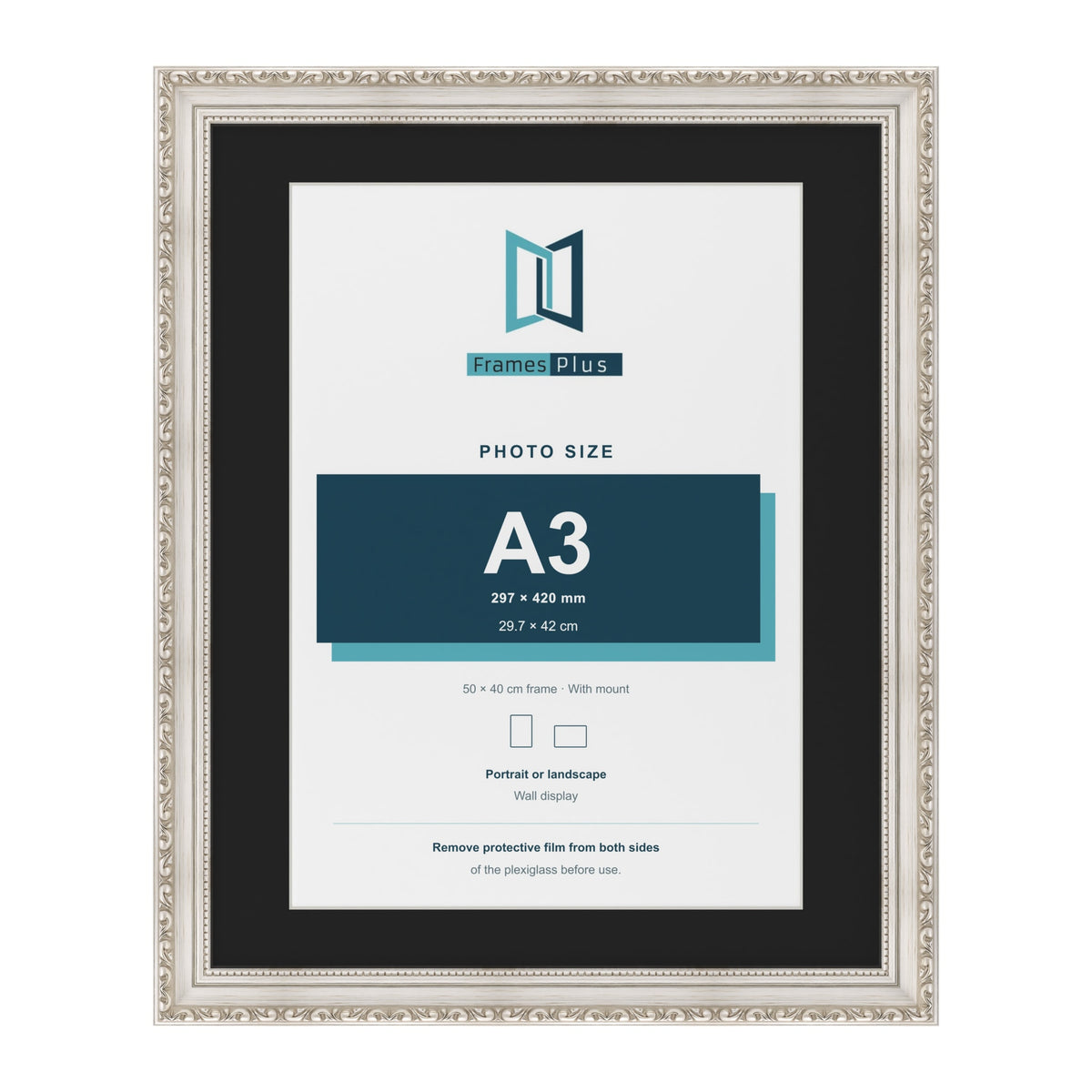 Louis Silver 50 x 40 cm picture frame with a black mount for an A3 photo