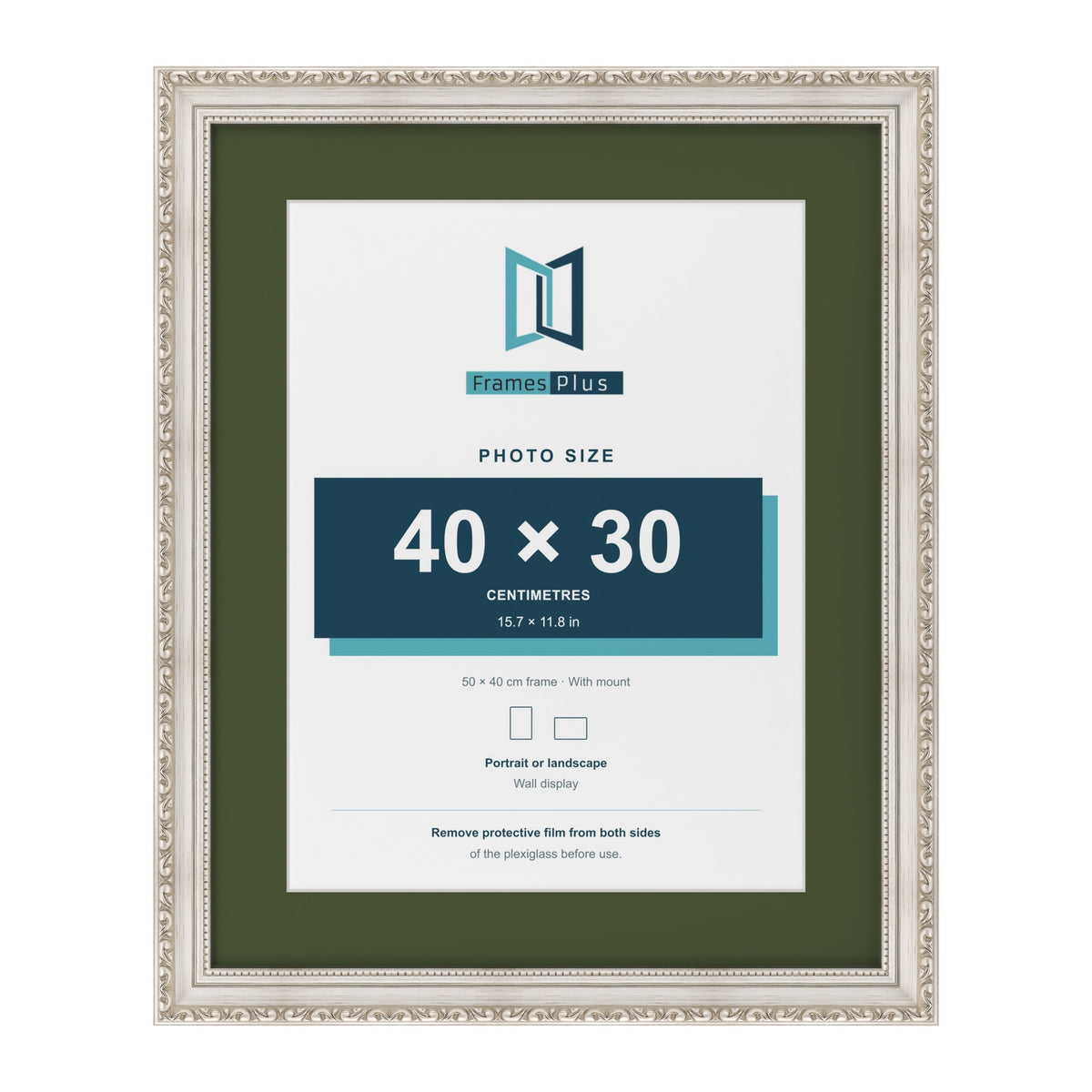 Louis Silver 50 x 40 cm picture frame with a green mount for a 40 x 30 cm photo