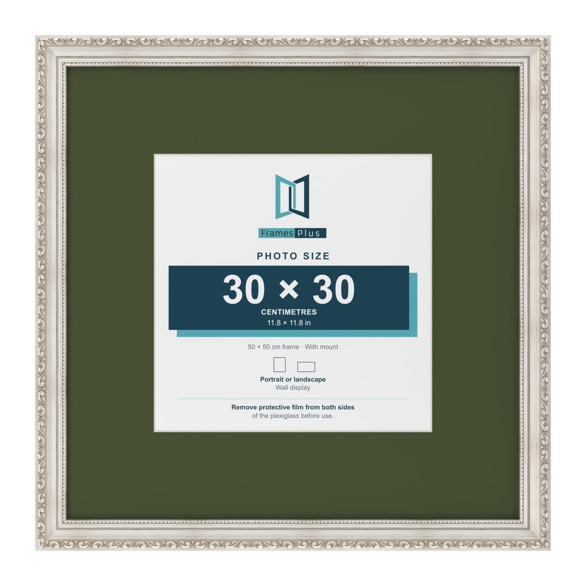 Louis Silver 50 x 50 cm picture frame with a green mount for a 30 x 30 cm photo