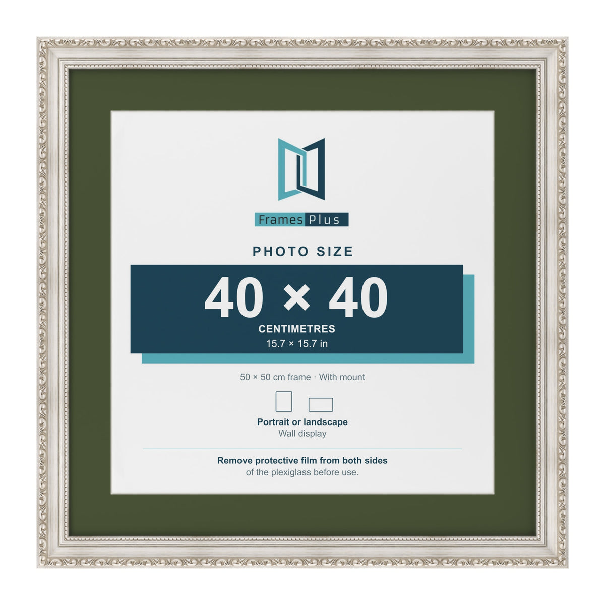 Louis Silver 50 x 50 cm picture frame with a green mount for a 40 x 40 cm photo