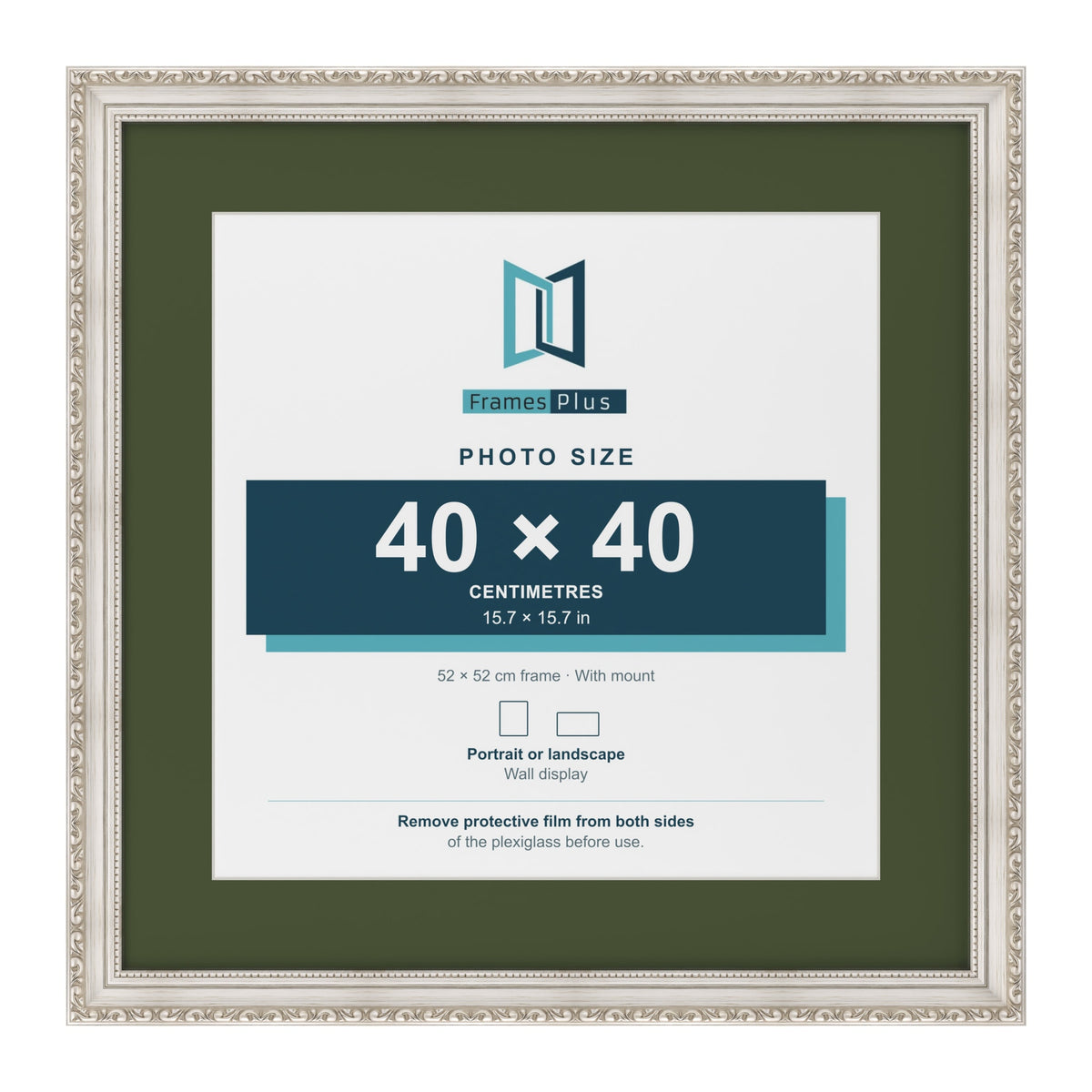 Louis Silver 52 x 52 cm picture frame with a green mount for a 40 x 40 cm photo
