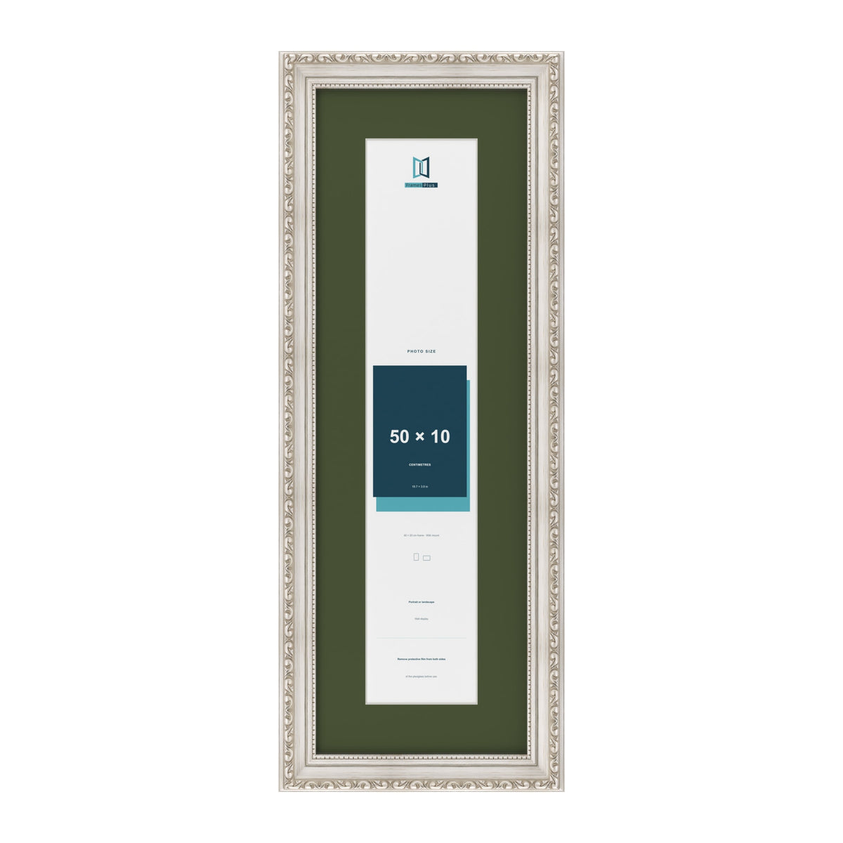 Louis Silver 60 x 20 cm picture frame with a green mount for a 50 x 10 cm photo