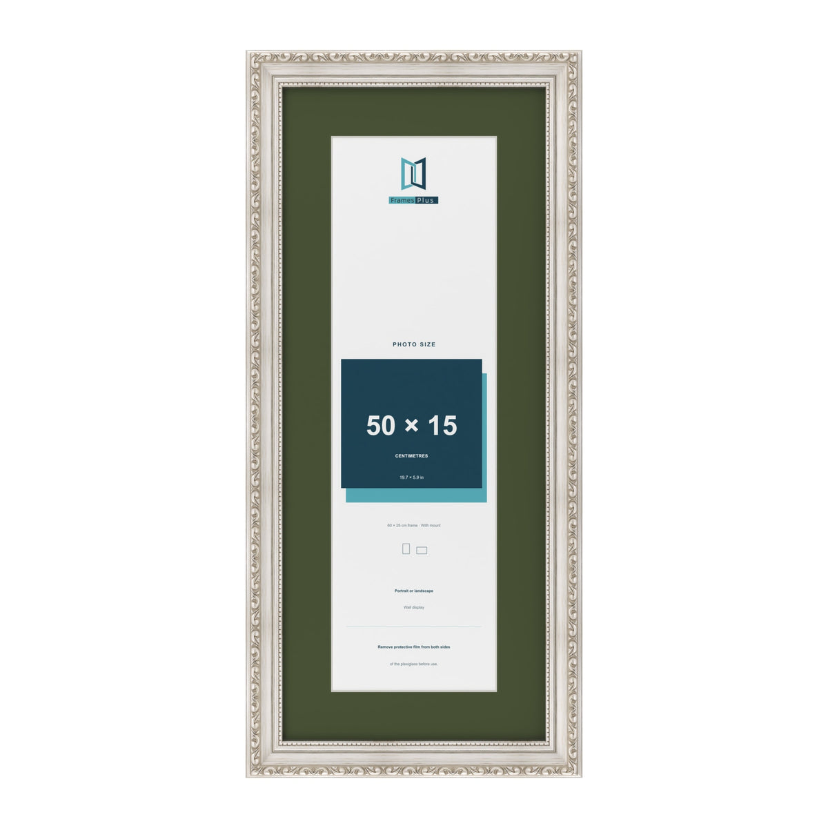Louis Silver 60 x 25 cm picture frame with a green mount for a 50 x 15 cm photo