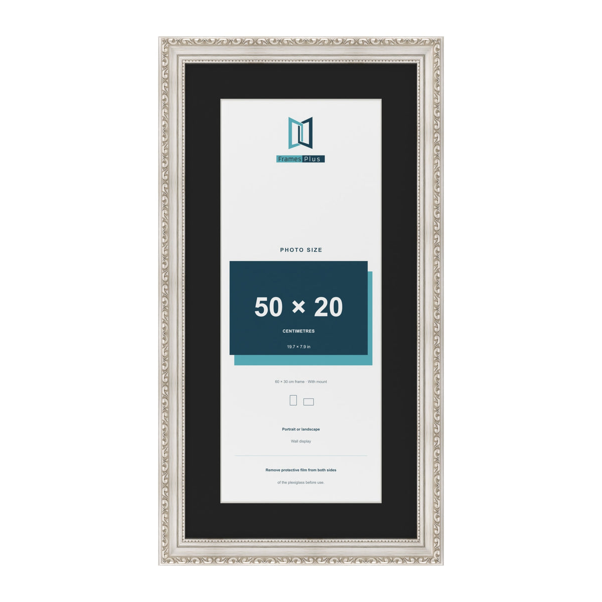 Louis Silver 60 x 30 cm picture frame with a black mount for a 50 x 20 cm photo