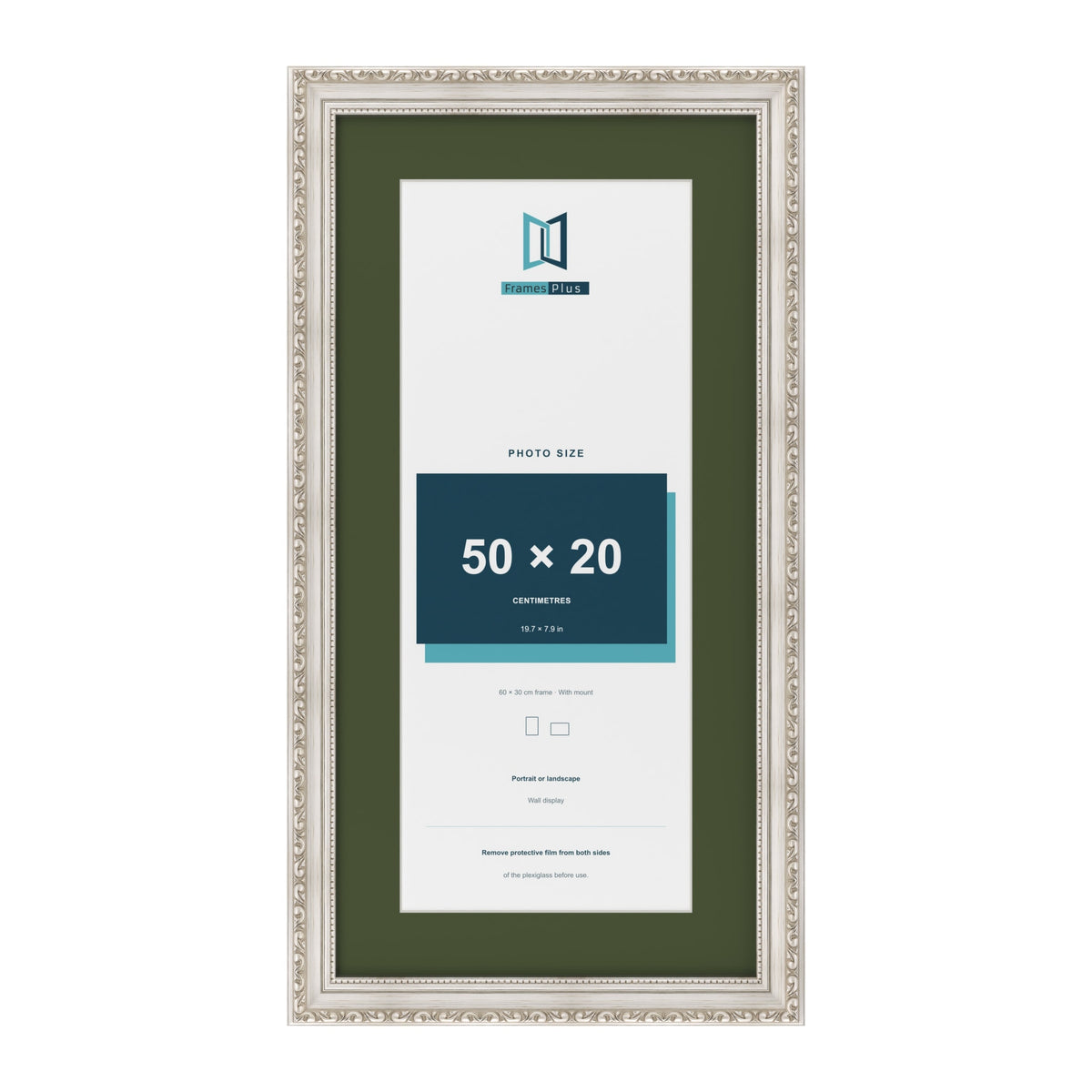 Louis Silver 60 x 30 cm picture frame with a green mount for a 50 x 20 cm photo