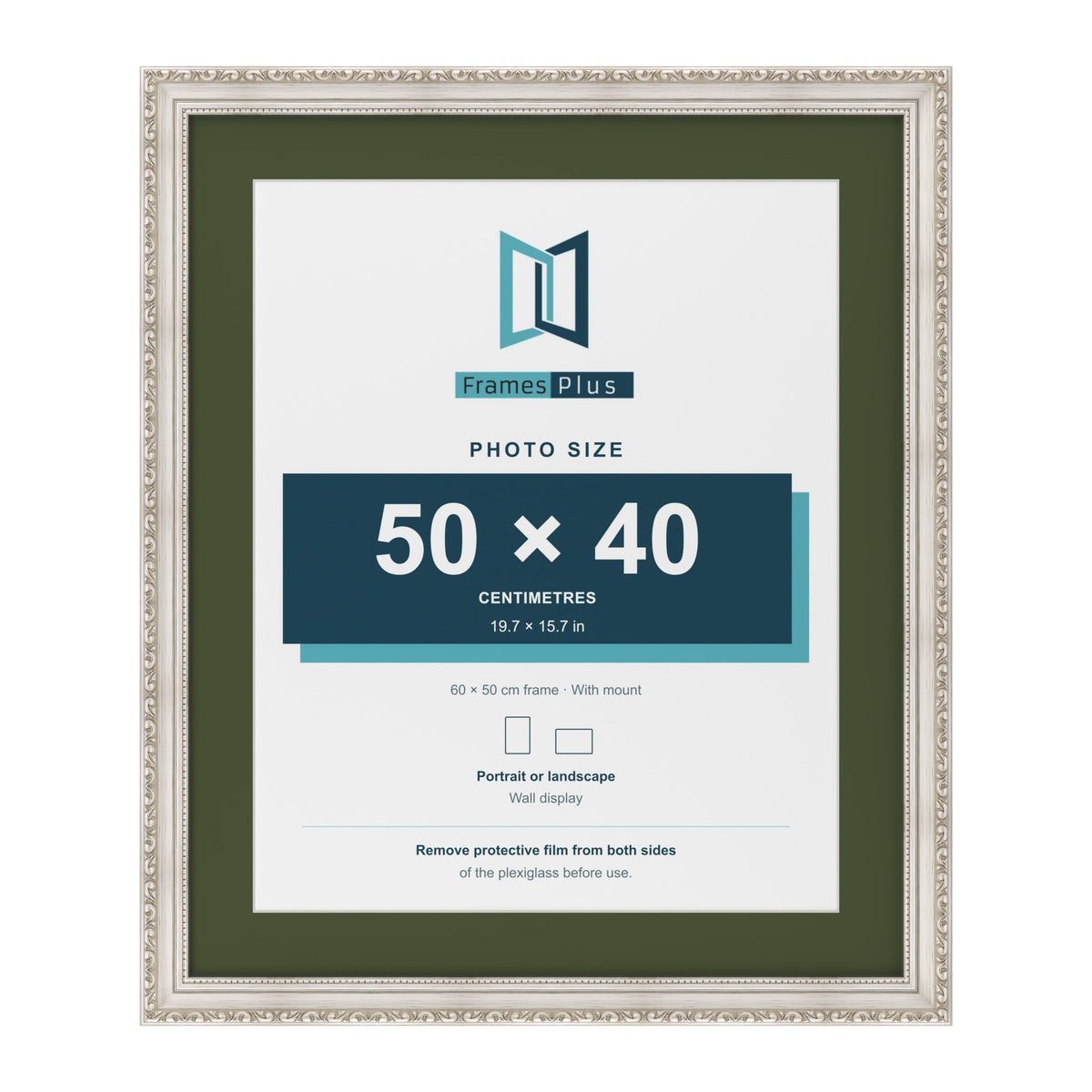 Louis Silver 60 x 50 cm picture frame with a green mount for a 50 x 40 cm photo