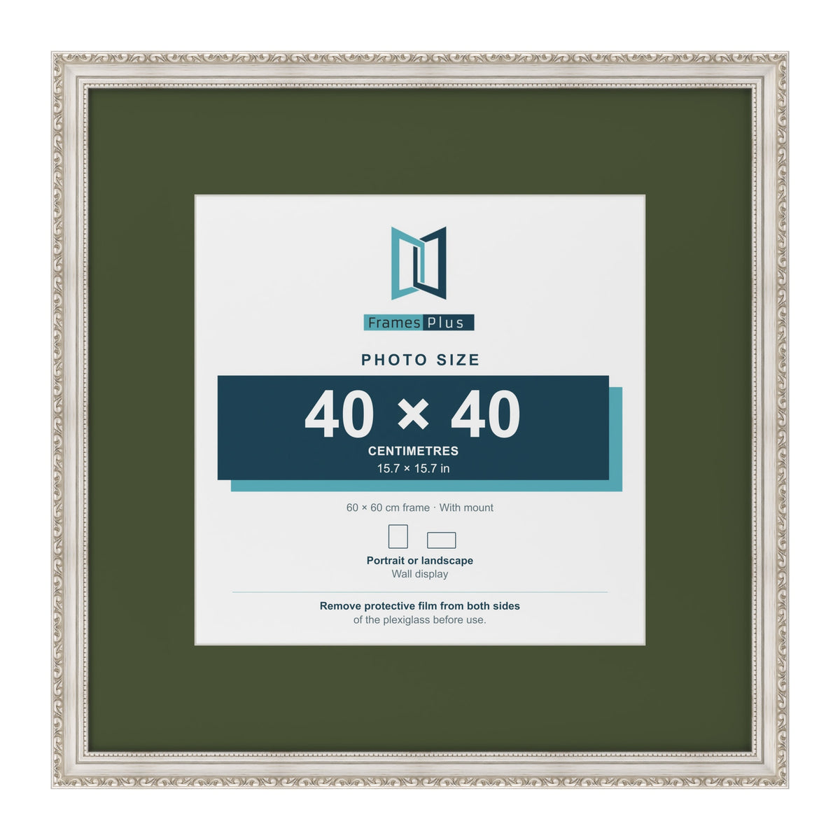 Louis Silver 60 x 60 cm picture frame with a green mount for a 40 x 40 cm photo