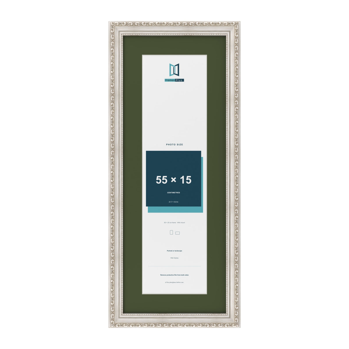 Louis Silver 65 x 25 cm picture frame with a green mount for a 55 x 15 cm photo