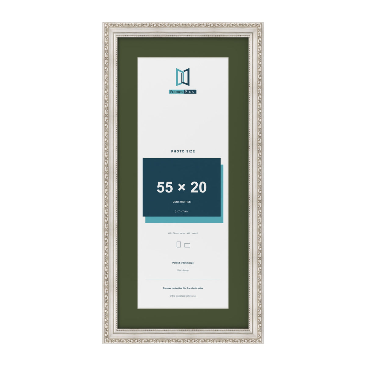 Louis Silver 65 x 30 cm picture frame with a green mount for a 55 x 20 cm photo