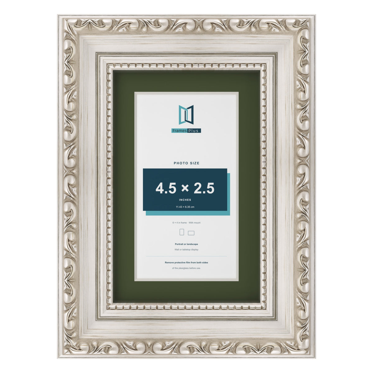 Louis Silver 6 x 4 inch picture frame with a green mount for a 4.5 x 2.5 inch photo