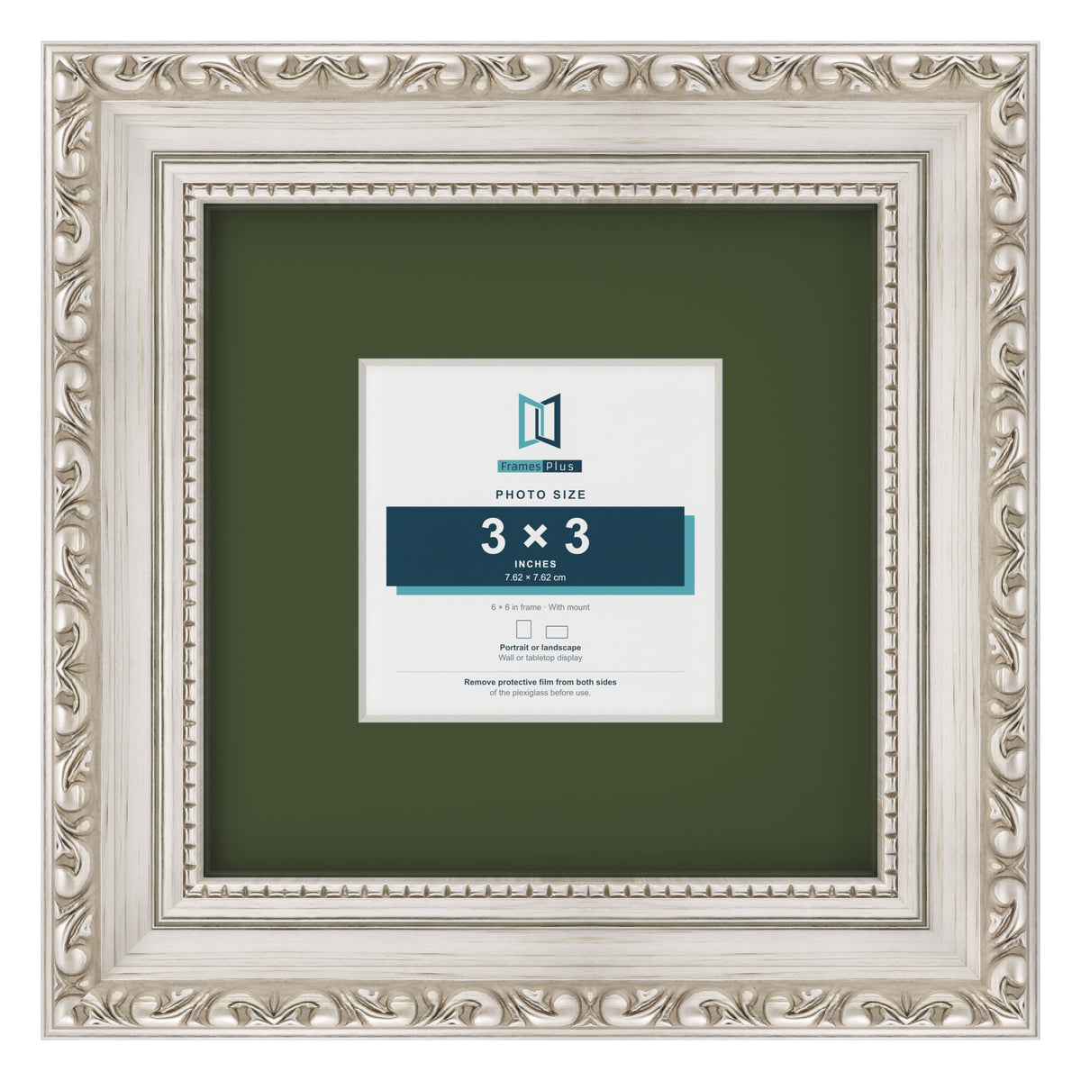 Louis Silver 6 x 6 inch picture frame with a green mount for a 3 x 3 inch photo