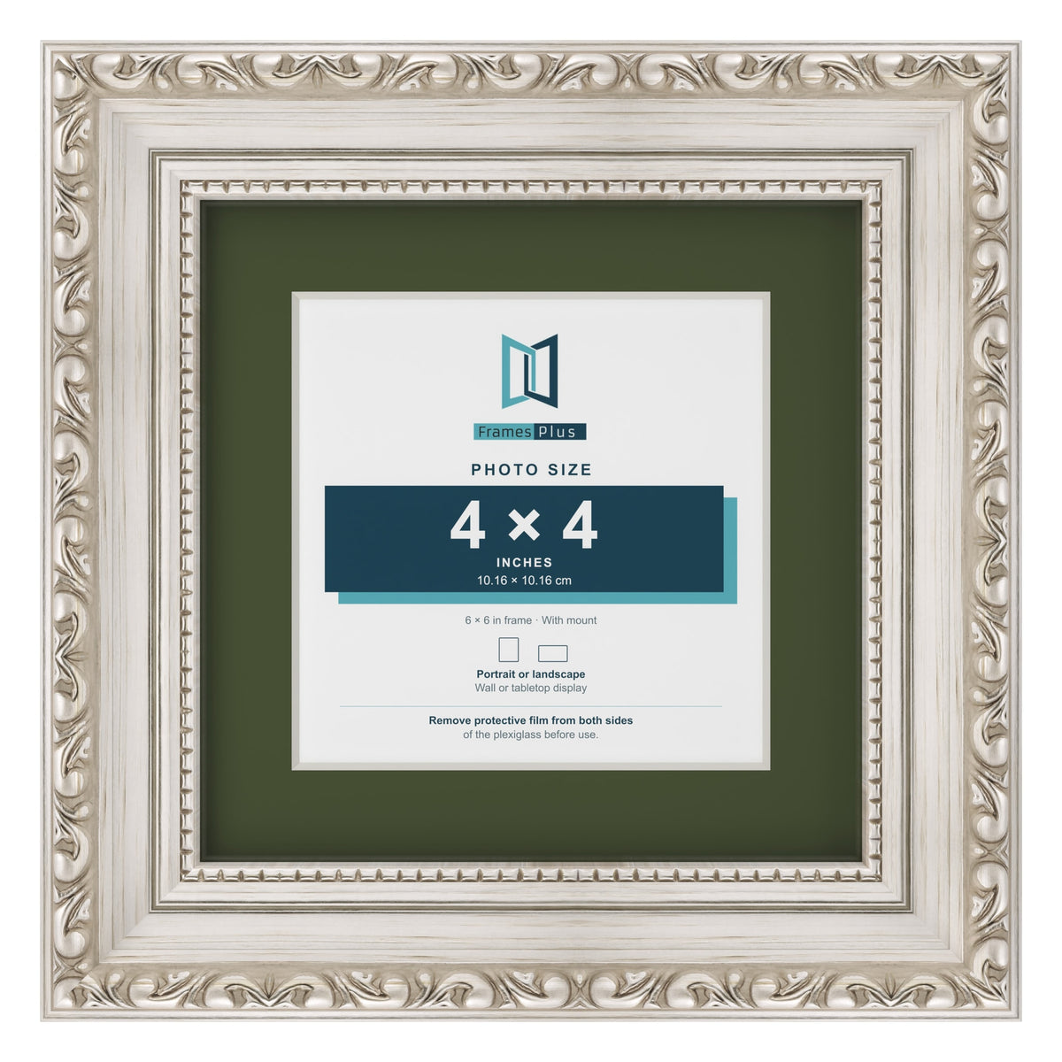 Louis Silver 6 x 6 inch picture frame with a green mount for a 4 x 4 inch photo