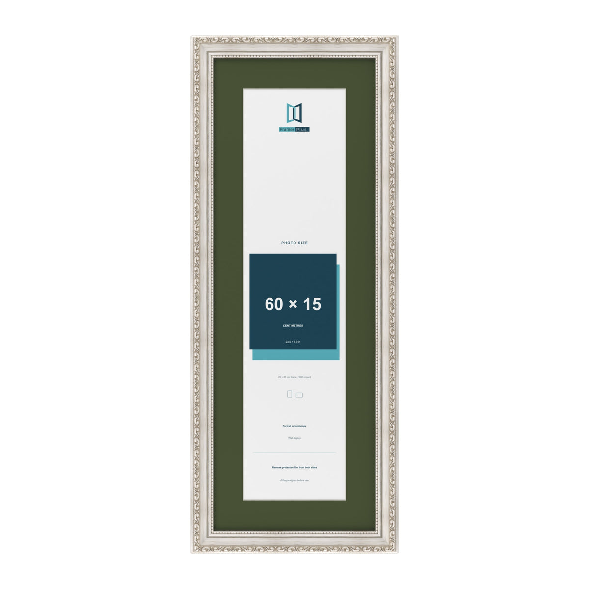 Louis Silver 70 x 25 cm picture frame with a green mount for a 60 x 15 cm photo