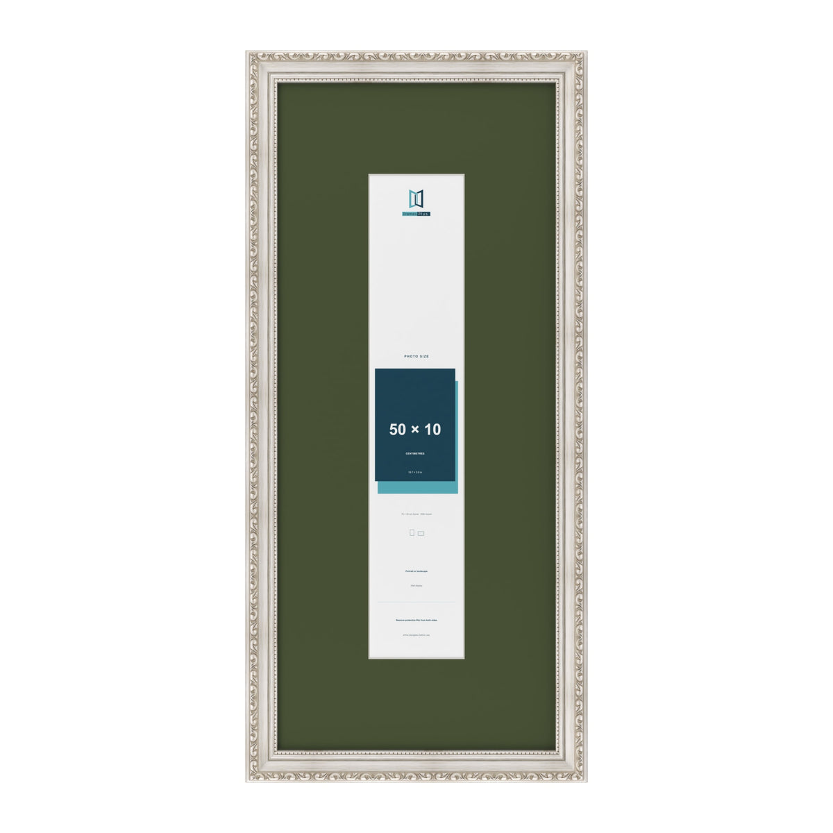 Louis Silver 70 x 30 cm picture frame with a green mount for a 50 x 10 cm photo