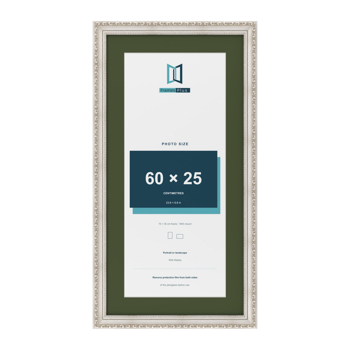 Louis Silver 70 x 35 cm picture frame with a green mount for a 60 x 25 cm photo