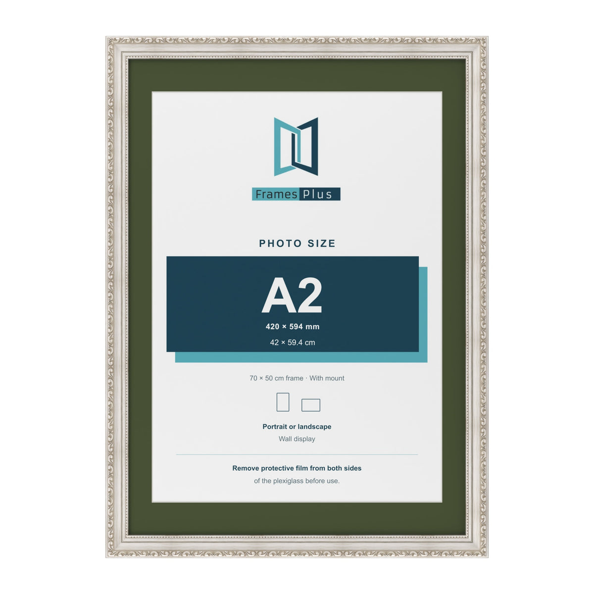 Louis Silver 70 x 50 cm picture frame with a green mount for an A2 photo