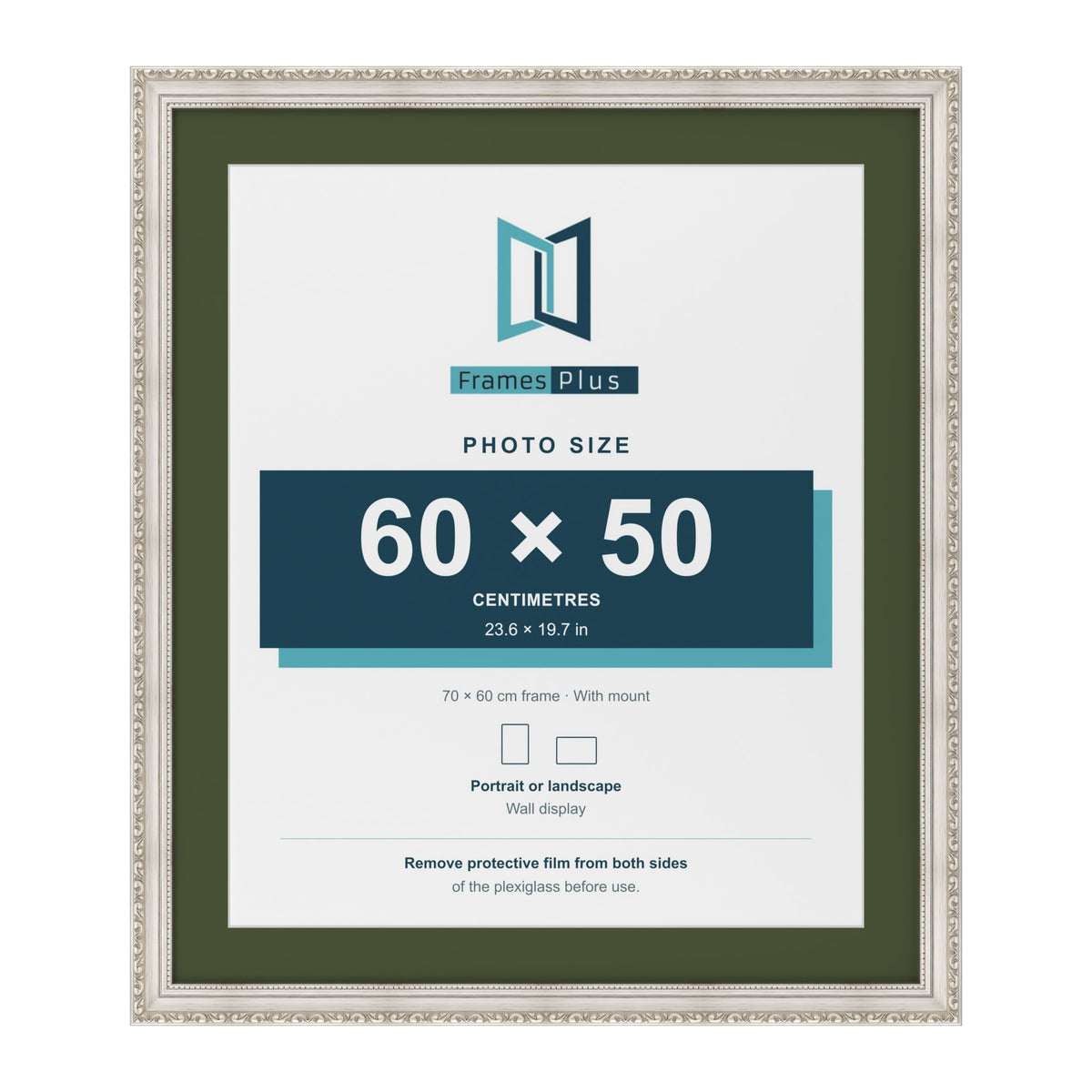 Louis Silver 70 x 60 cm picture frame with a green mount for a 60 x 50 cm photo