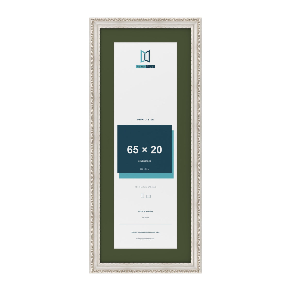 Louis Silver 75 x 30 cm picture frame with a green mount for a 65 x 20 cm photo
